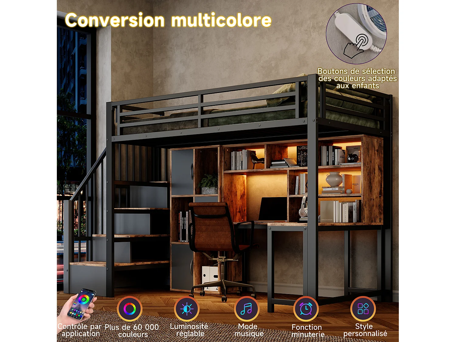 Lit mezzanine enfant compact 90 x 200 cm, échelle avec rangement, niche ouverte et éclairage LED, sans matelas, structure en métal, noir