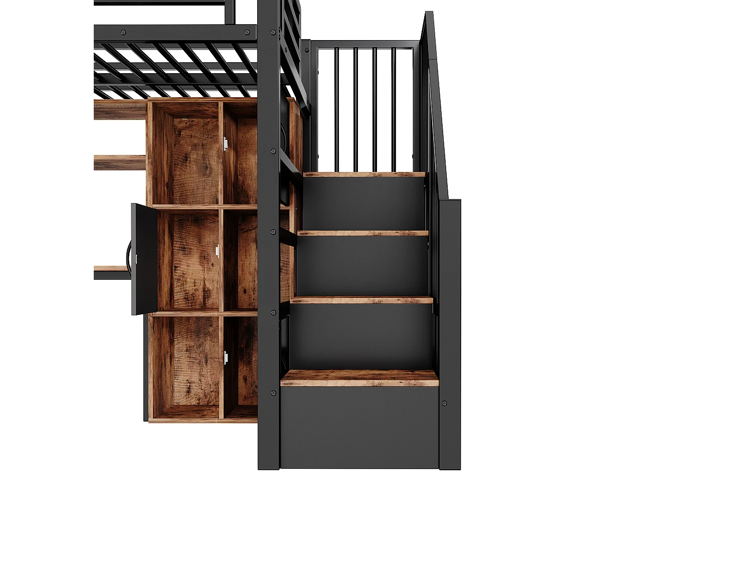 Lit mezzanine enfant compact 90 x 200 cm, échelle avec rangement, niche ouverte et éclairage LED, sans matelas, structure en métal, noir