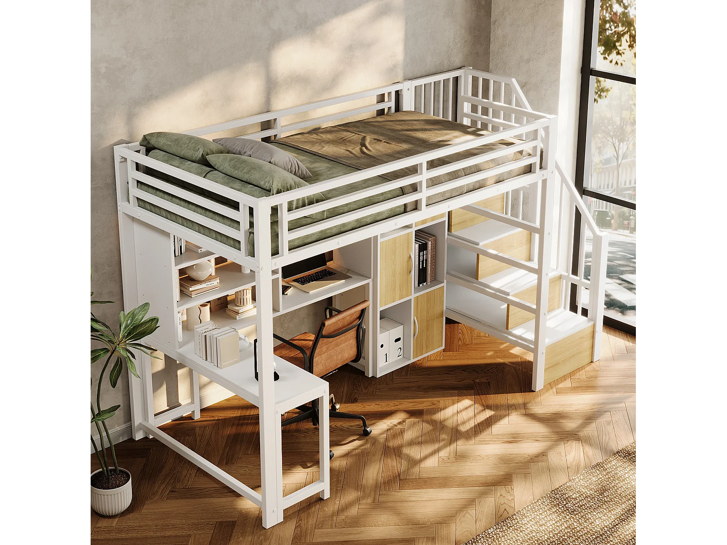 Lit mezzanine enfant compact 90 x 200 cm, échelle avec rangement, niche ouverte et éclairage LED, sans matelas, structure en métal, blanc