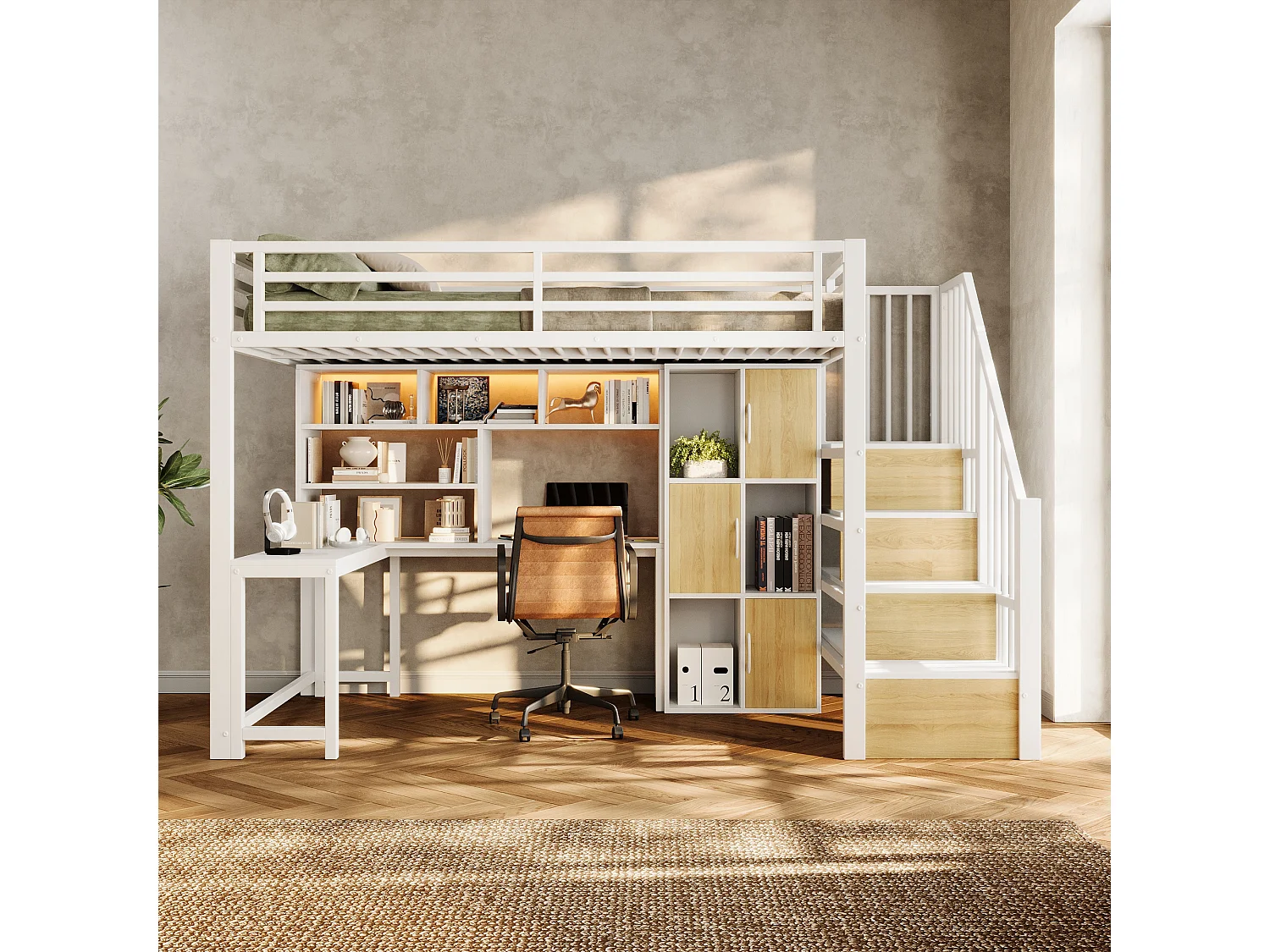 Lit mezzanine enfant compact 90 x 200 cm, échelle avec rangement, niche ouverte et éclairage LED, sans matelas, structure en métal, blanc