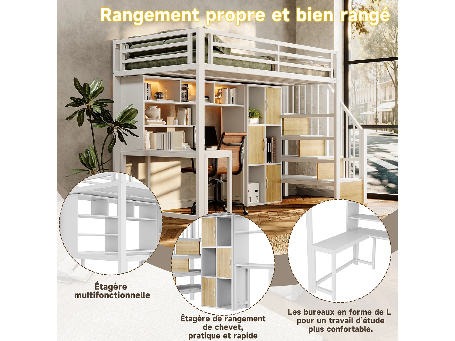 Lit mezzanine enfant compact 90 x 200 cm, échelle avec rangement, niche ouverte et éclairage LED, sans matelas, structure en métal, blanc