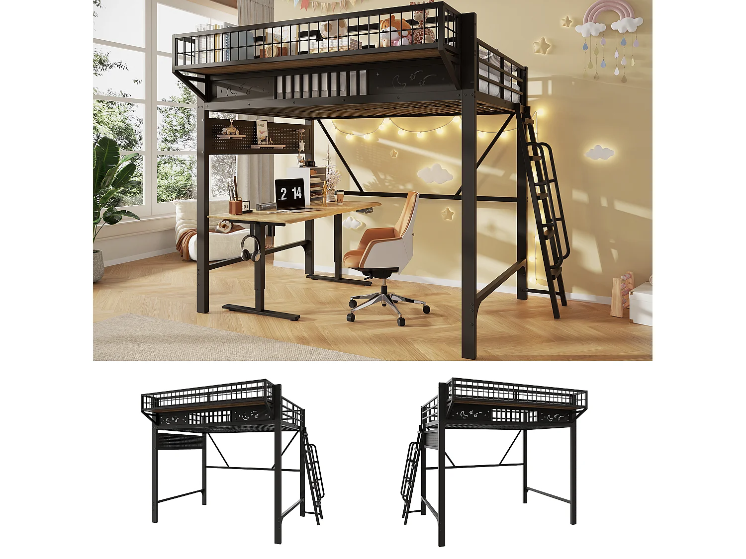 Lit mezzanine 2 personnes 140x200cm - Lit haut double avec étagères de rangement, espace ouvert en bas, métal noir