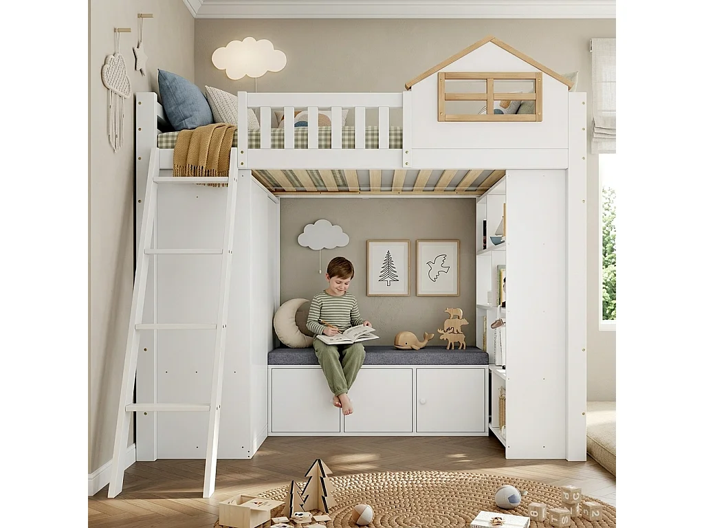 Lit mezzanine enfant 90 x 200 cm en bois, design maison, échelle, armoire, étagère et banc coffre, blanc et naturel