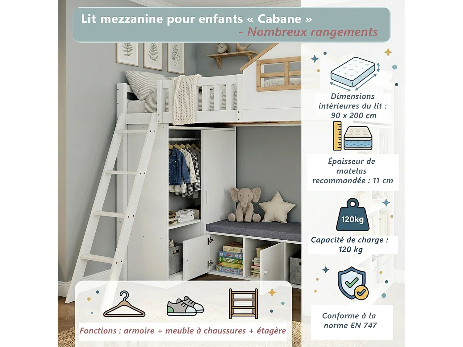 Lit mezzanine enfant 90 x 200 cm en bois, design maison, échelle, armoire, étagère et banc coffre, blanc et naturel