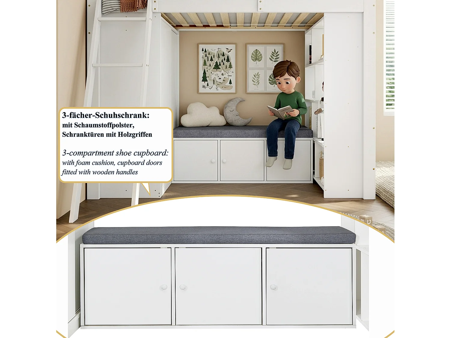 Lit mezzanine enfant 90 x 200 cm en bois, design maison, échelle, armoire, étagère et banc coffre, blanc et naturel