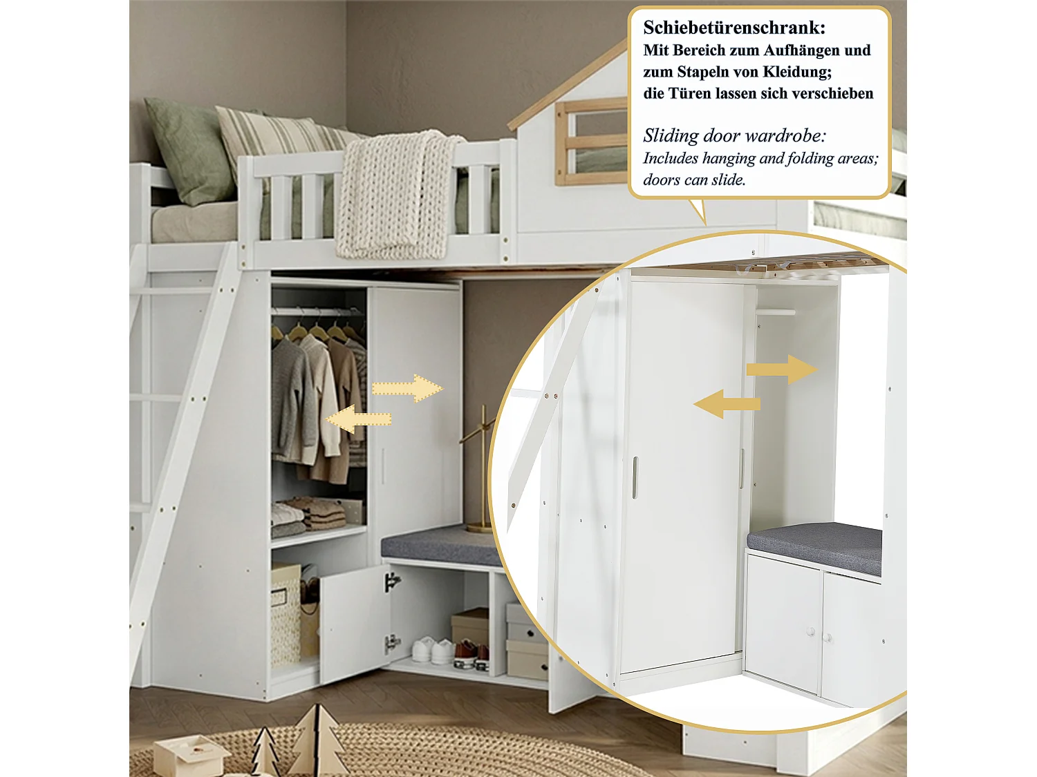 Lit mezzanine enfant 90 x 200 cm en bois, design maison, échelle, armoire, étagère et banc coffre, blanc et naturel