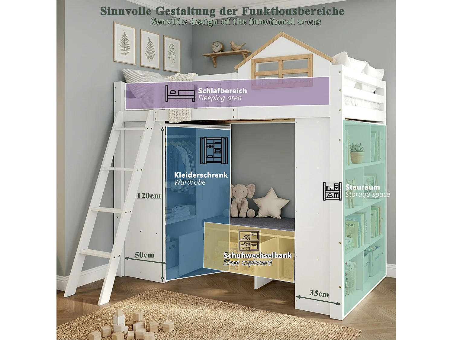 Lit mezzanine enfant 90 x 200 cm en bois, design maison, échelle, armoire, étagère et banc coffre, blanc et naturel