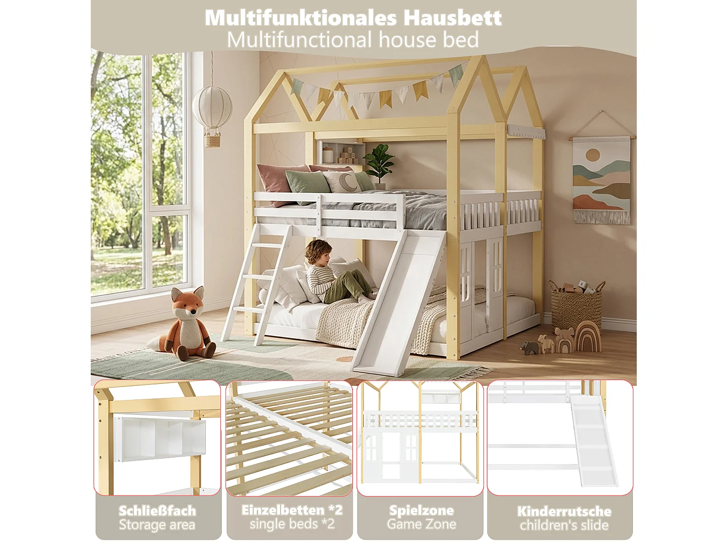 Lit mezzanine enfant 90 x 200 cm avec toboggan et échelle réversibles, design cabane, espace jeu, blanc et bois naturel
