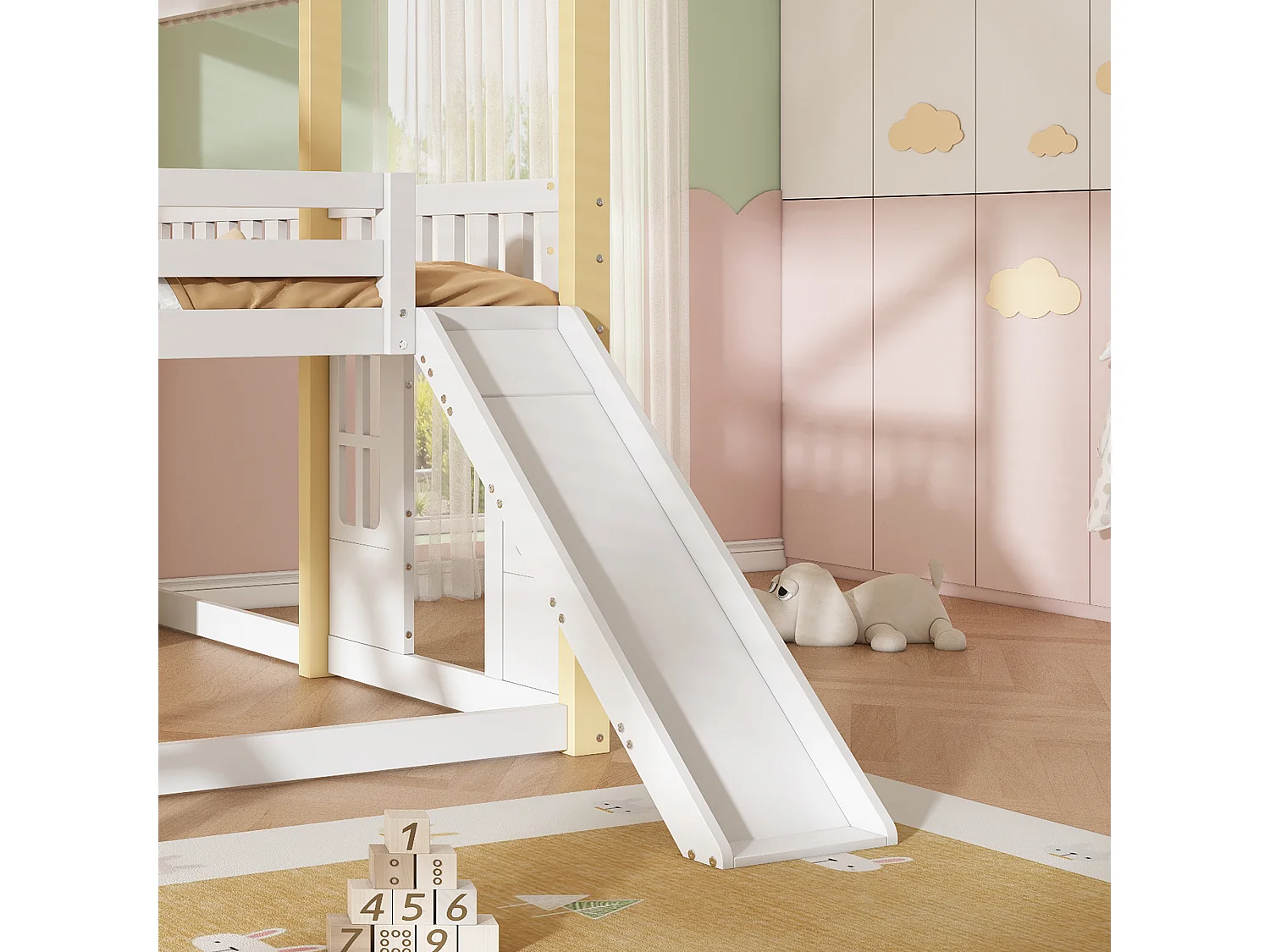 Lit mezzanine enfant 90 x 200 cm avec toboggan et échelle réversibles, design cabane, espace jeu, blanc et bois naturel