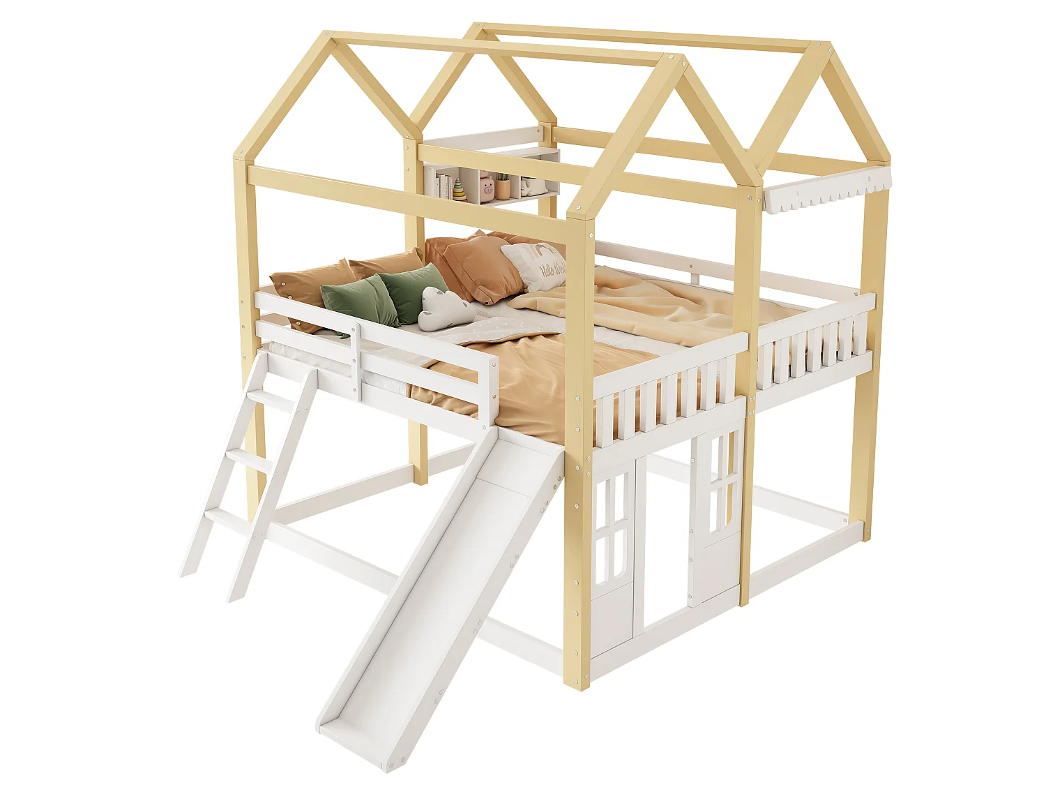 Lit mezzanine enfant 90 x 200 cm avec toboggan et échelle réversibles, design cabane, espace jeu, blanc et bois naturel