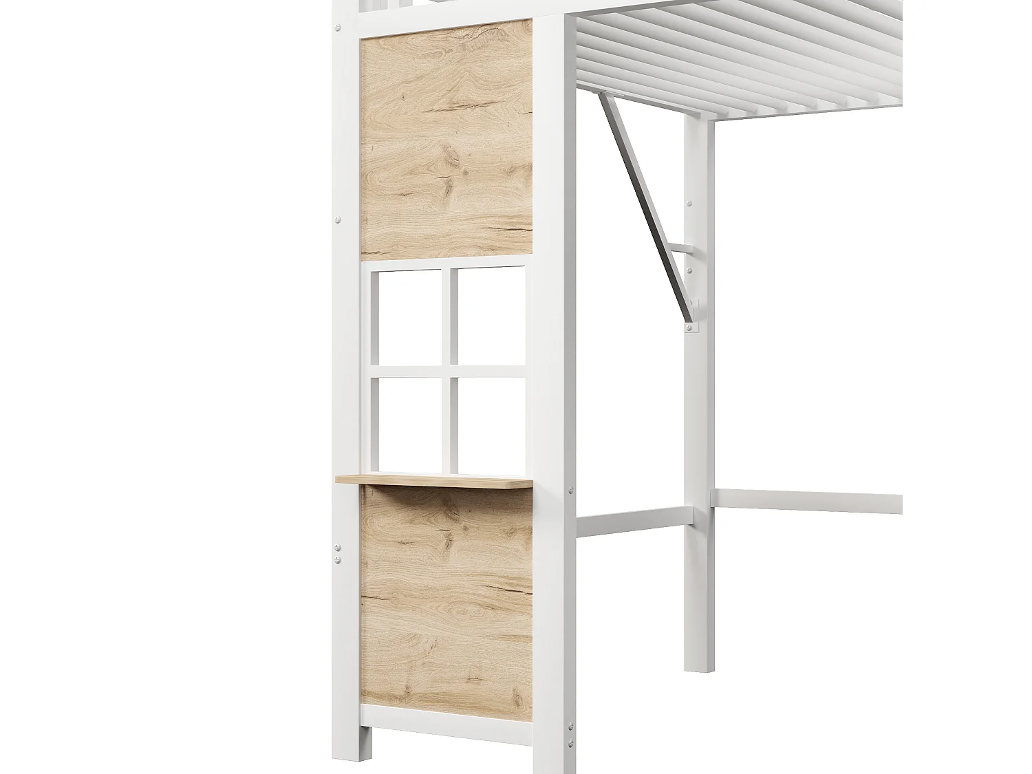 Lit mezzanine enfant 140x200cm avec échelle de rangement et fenêtre avec espace sous le lit, barrière, métal blanc