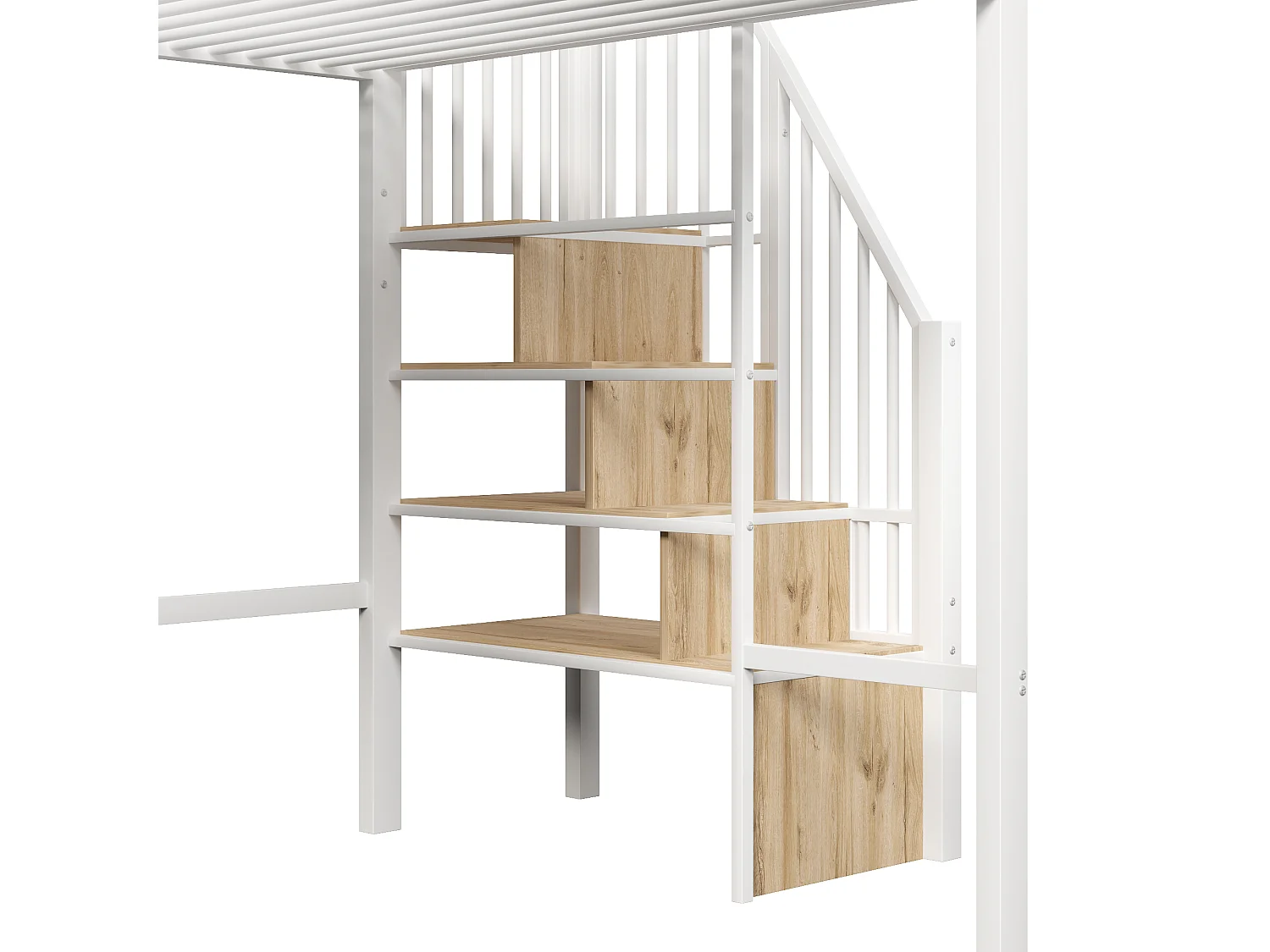 Lit mezzanine enfant 140x200cm avec échelle de rangement et fenêtre avec espace sous le lit, barrière, métal blanc