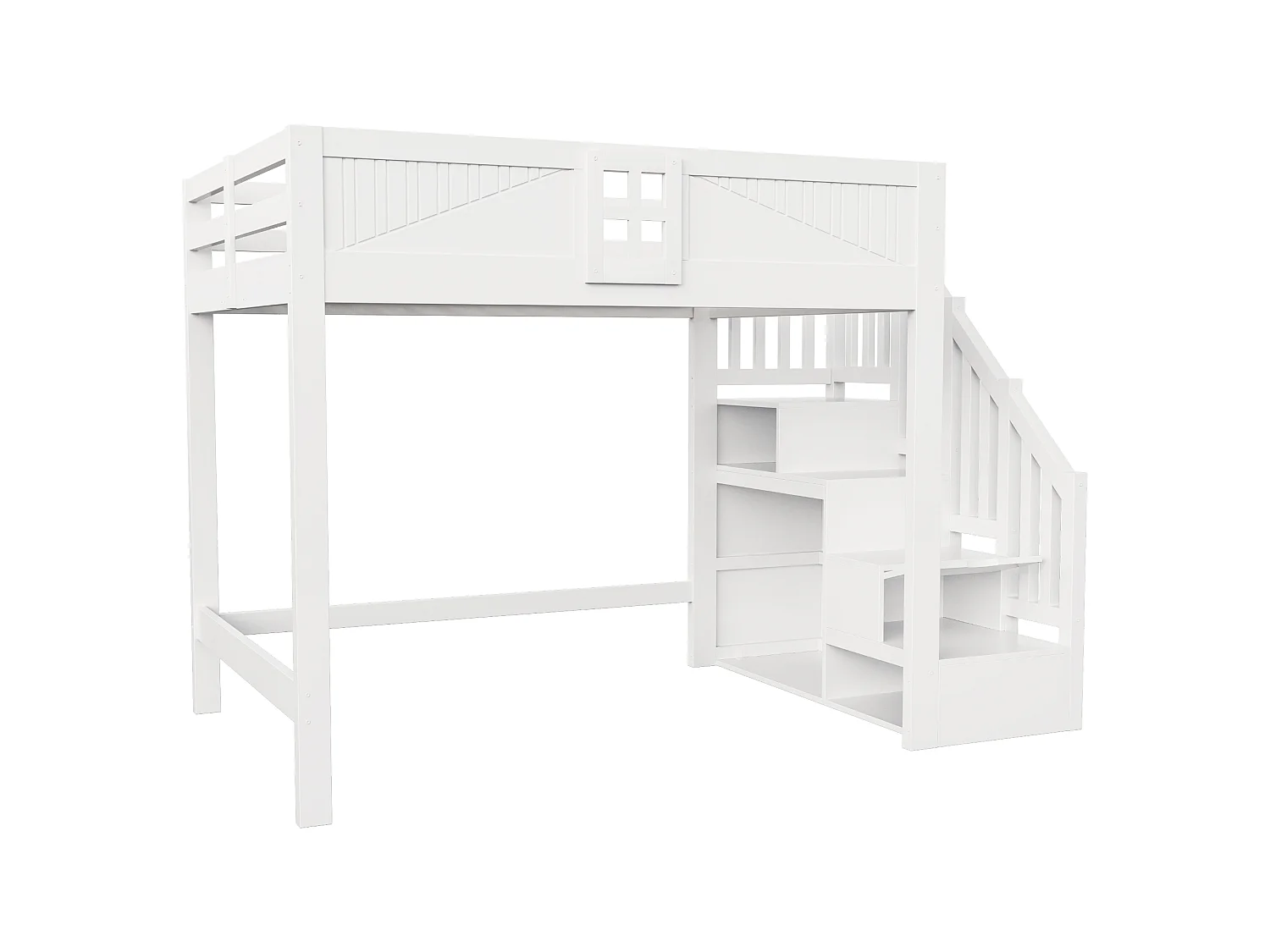 Lit mezzanine 140x200cm avec barrière de sécurité design fenêtre et escalier coffre réversible,bois massif blanc