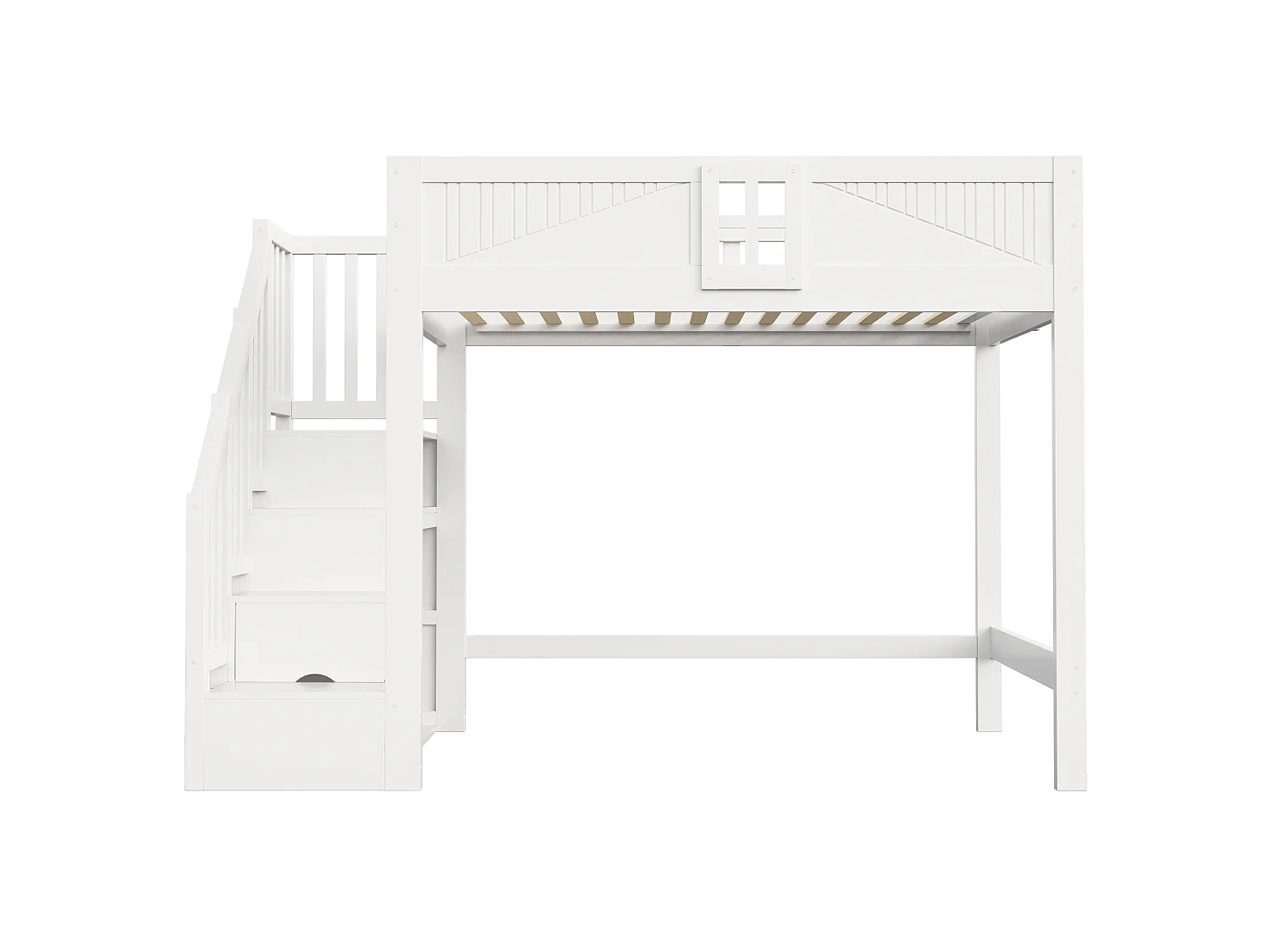 Lit mezzanine 140x200cm avec barrière de sécurité design fenêtre et escalier coffre réversible,bois massif blanc