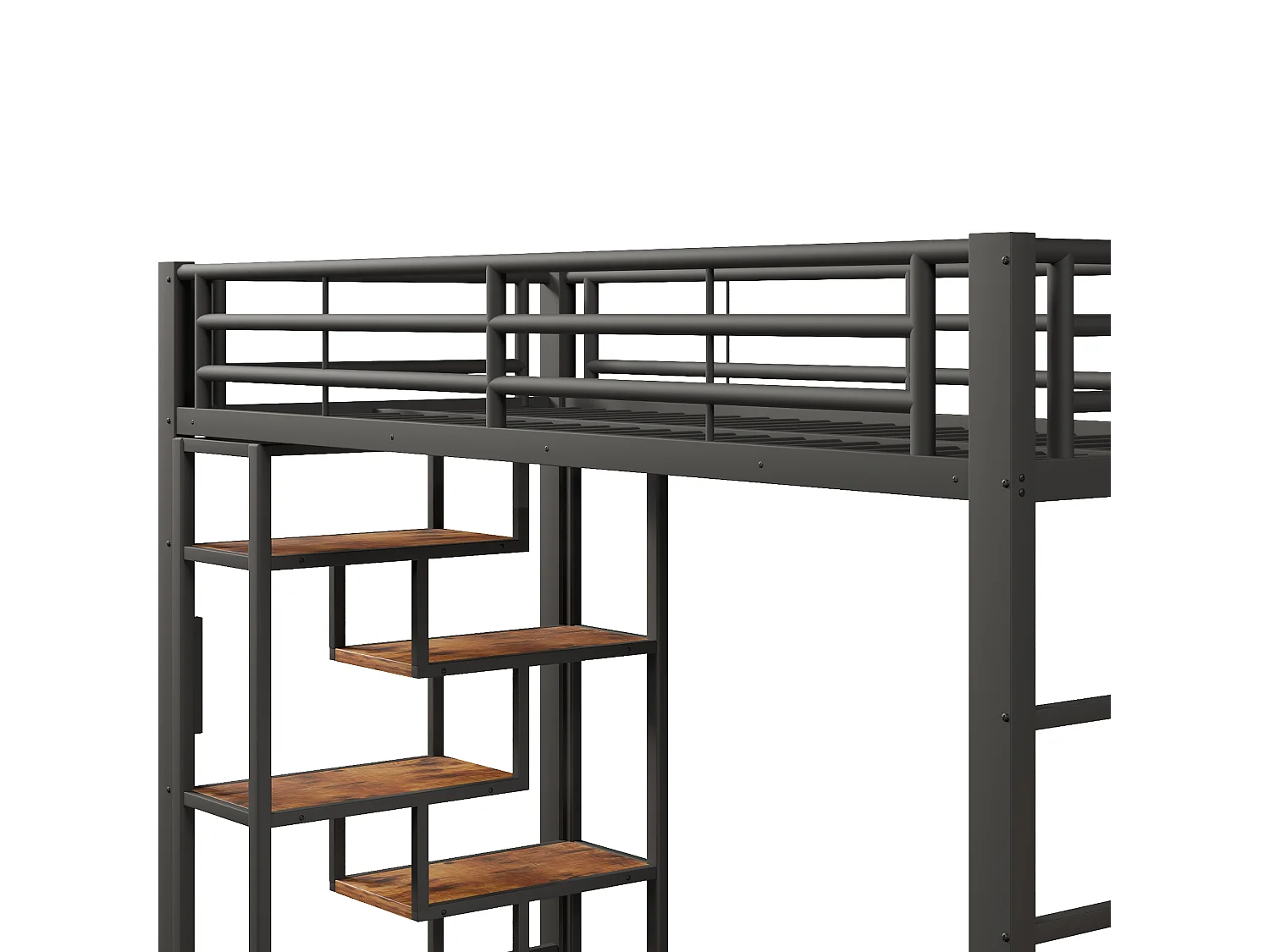 Lit mezzanine enfant 90x200 cm avec espace libre sous le lit -avec LED, étagère, marches intégrées et barrière de sécurité, métal noir