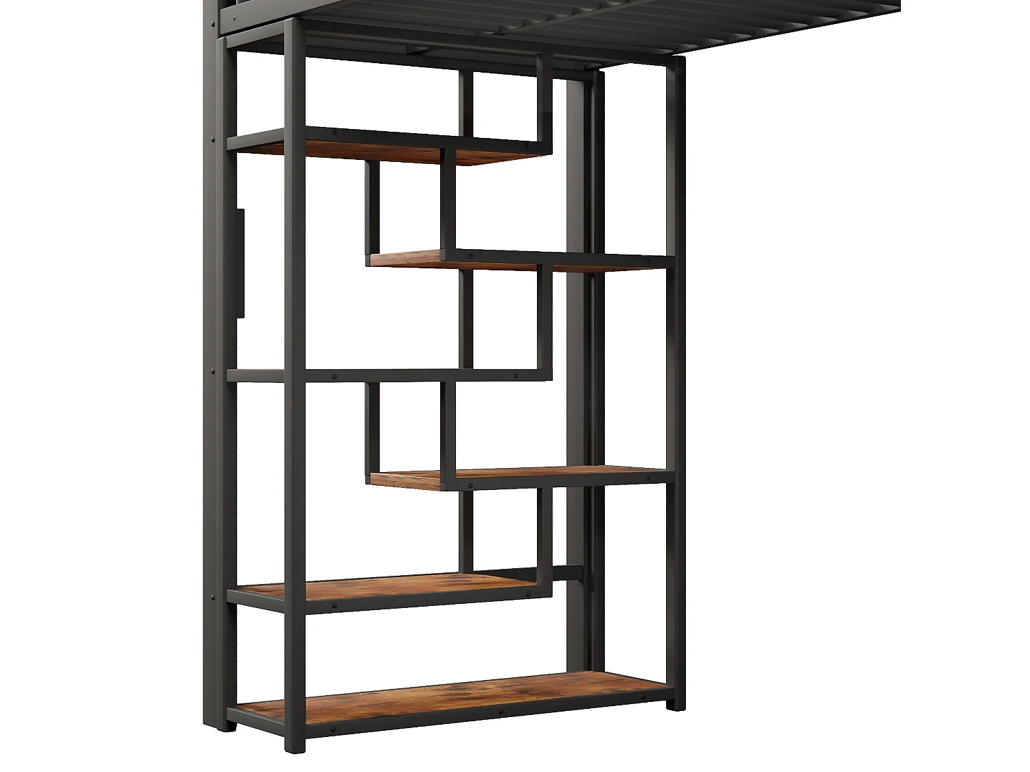 Lit mezzanine enfant 90x200 cm avec espace libre sous le lit -avec LED, étagère, marches intégrées et barrière de sécurité, métal noir