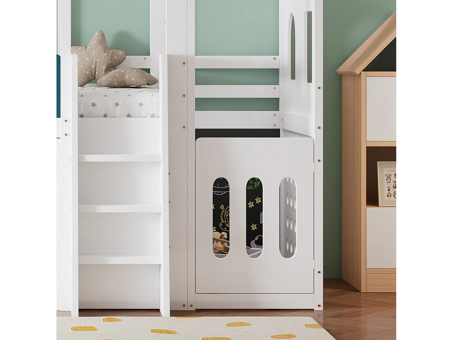 Lit mi-hauteur enfant 90 x 200 cm en forme de maison, espace jeu, armoire de rangement, échelle