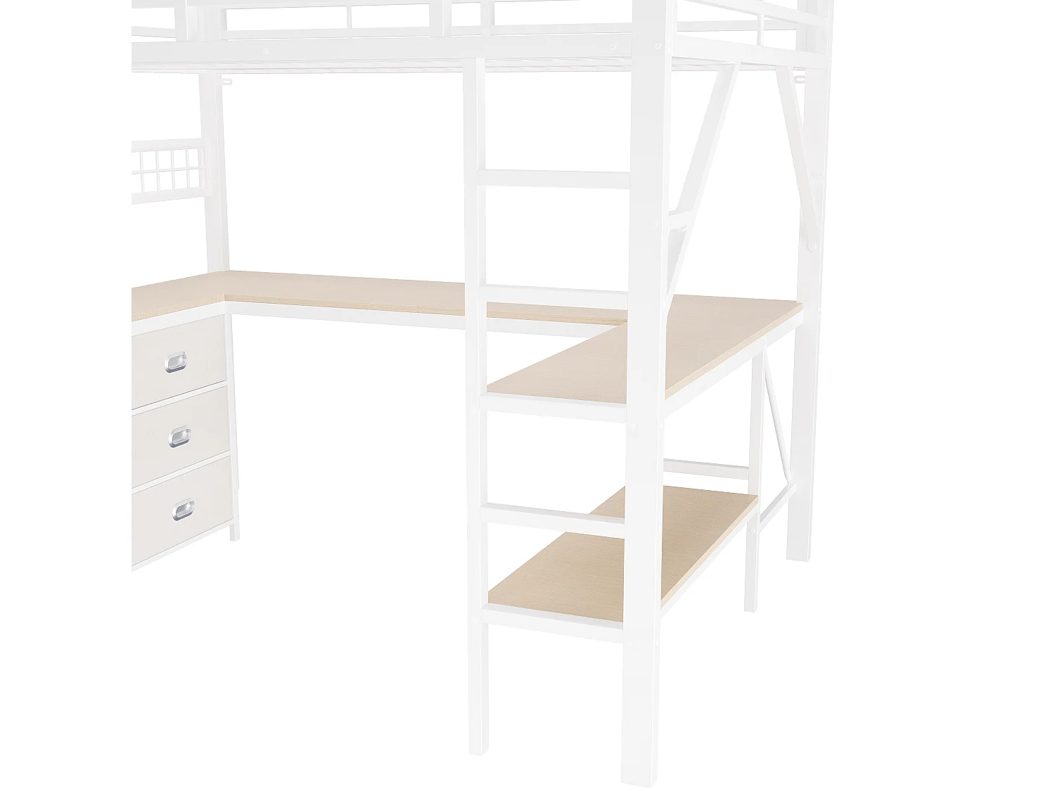 Lit mezzanine gaming 140x200 cm, bureau intégré, tiroirs, étagère et éclairage LED, structure en Métal, Blanc