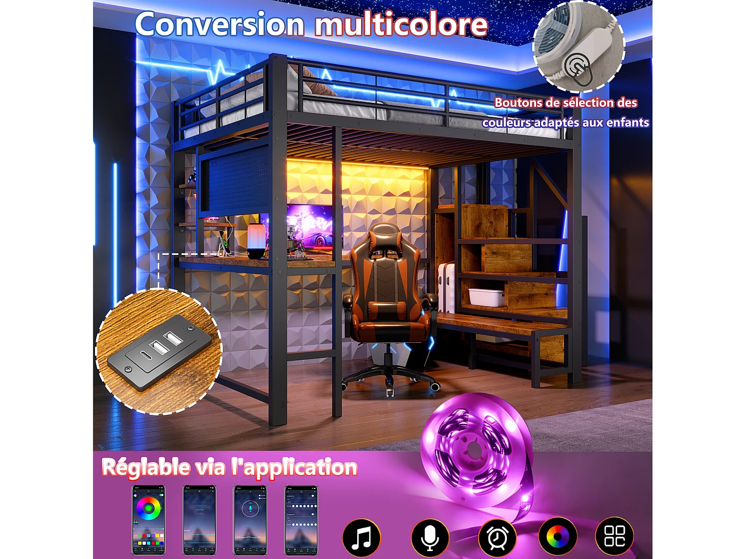Lit mezzanine Métal 140x200cm - Lit haut double avec bureau, panneau perforé, escalier rangement, prises USB/USB-C, étagères et LED, noir