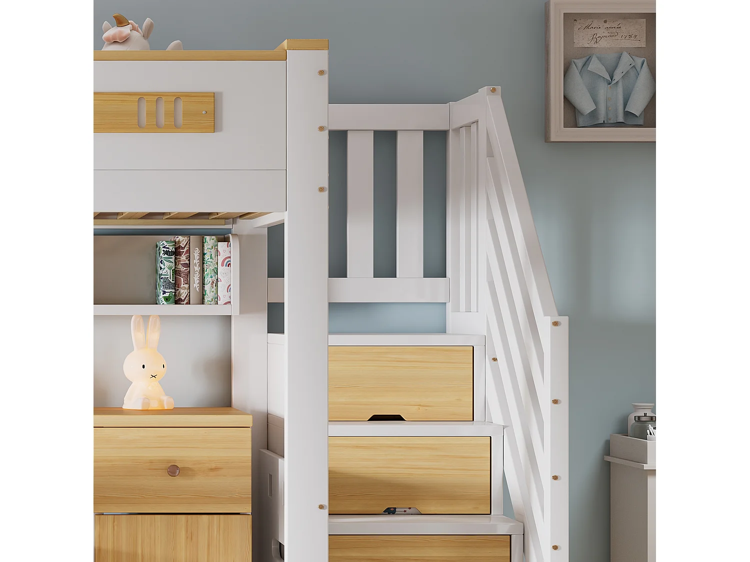 Lit mezzanine enfant 90x200cm avec bureau, 4 tiroirs, escalier coffre et étagère suspendue, gain de place, bois blanc et naturel