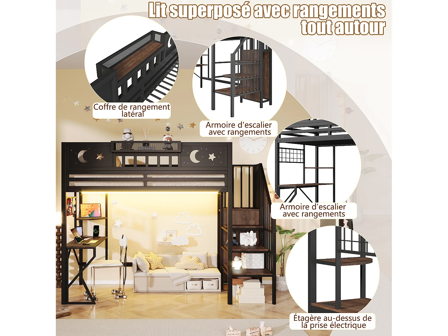 Lit mezzanine 90x200 cm – avec double échelle et espace sous lit modulable – Métal – Noir