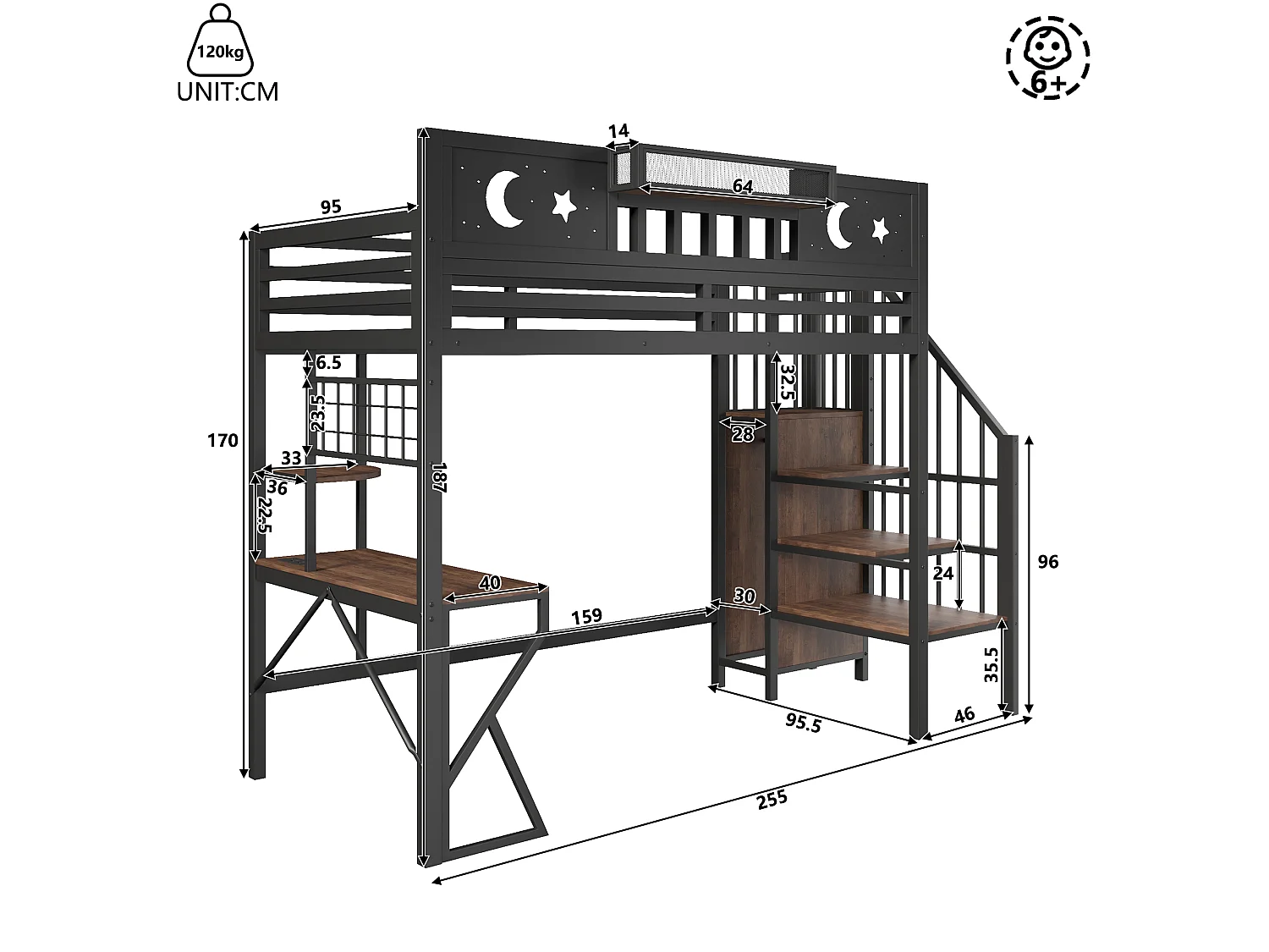 Lit mezzanine 90x200 cm – avec double échelle et espace sous lit modulable – Métal – Noir
