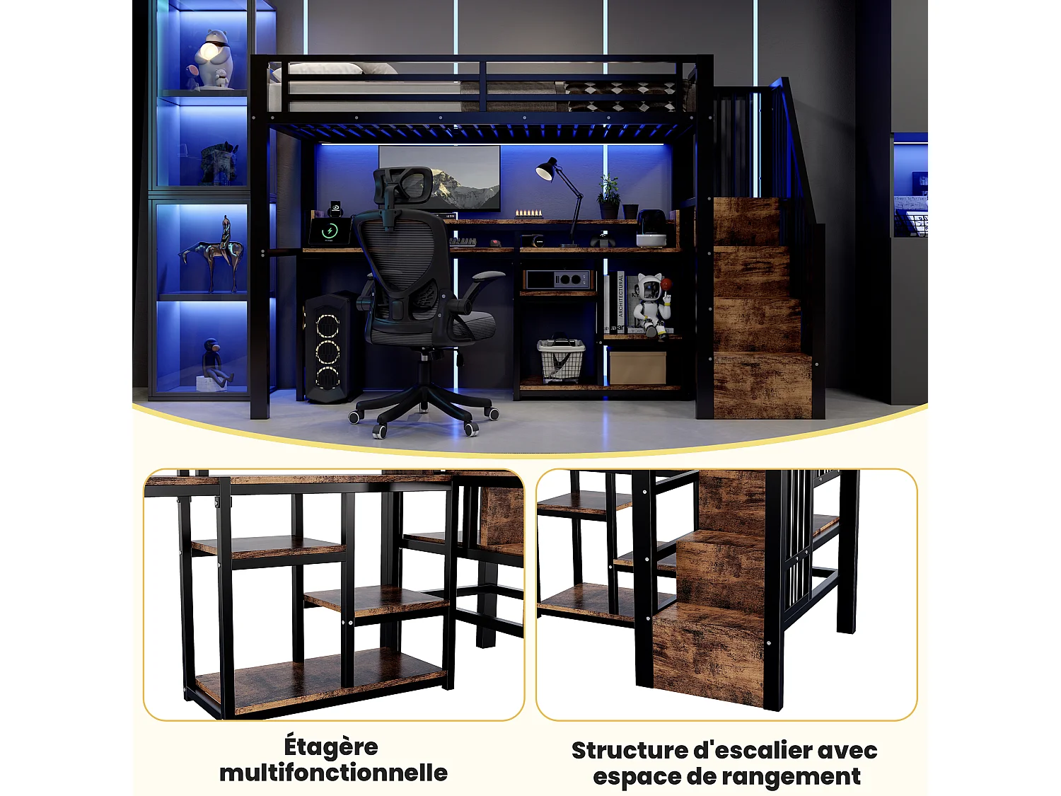 Lit mezzanine métal 90x200 cm - Lit haut enfant & ado avec escalier rangement, prises USB/Type-C, étagère et LED, noir