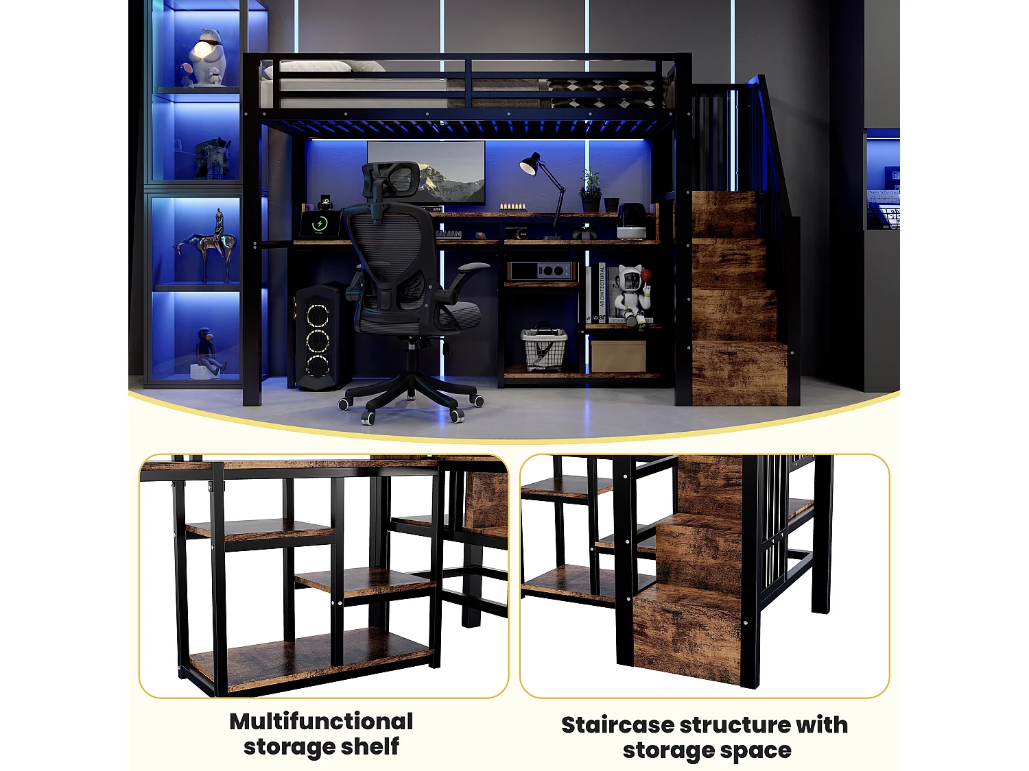 Lit mezzanine métal 90x200 cm - Lit haut enfant & ado avec escalier rangement, prises USB/Type-C, étagère et LED, noir