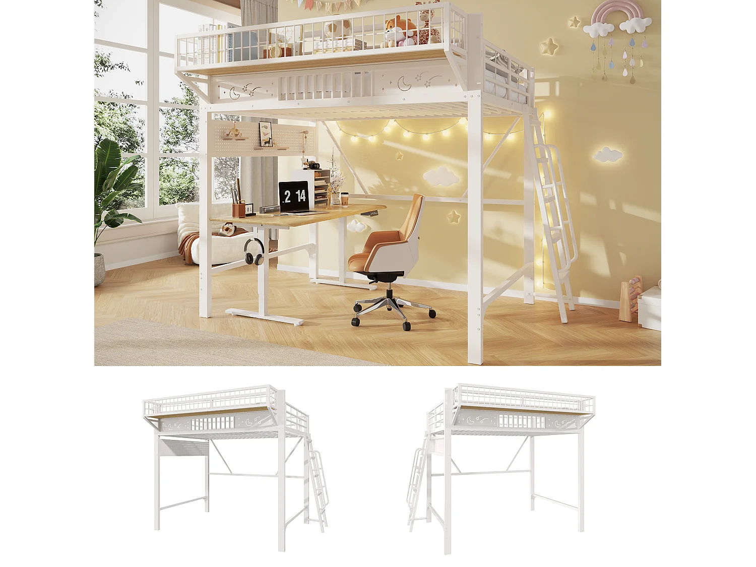 Lit mezzanine 2 personnes 140x200cm - Lit haut double avec étagères de rangement, espace ouvert en bas, métal blanc