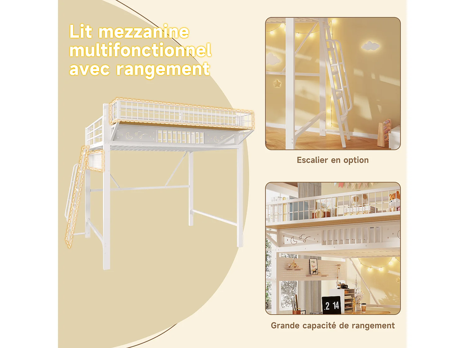 Lit mezzanine 2 personnes 140x200cm - Lit haut double avec étagères de rangement, espace ouvert en bas, métal blanc
