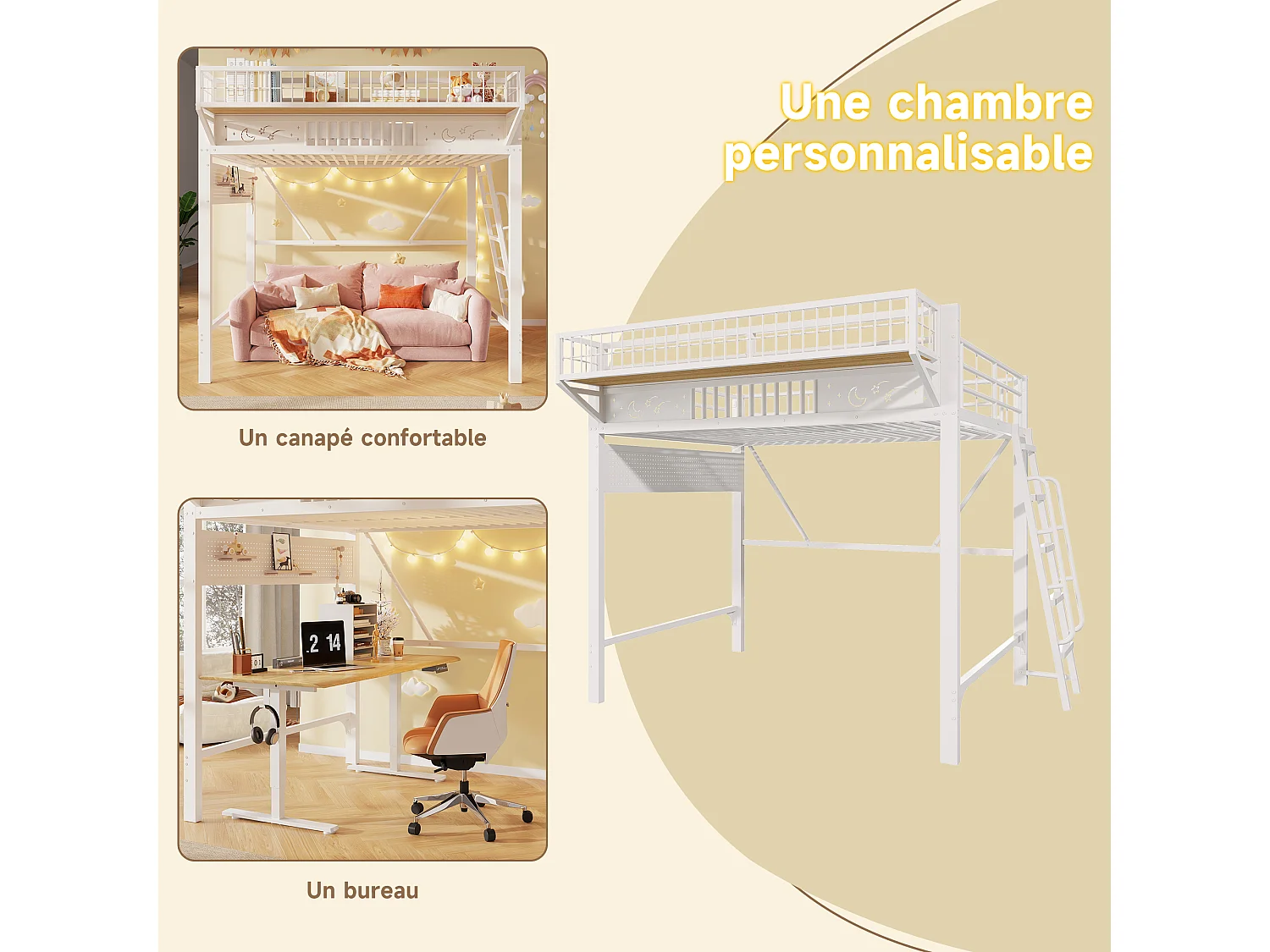Lit mezzanine 2 personnes 140x200cm - Lit haut double avec étagères de rangement, espace ouvert en bas, métal blanc