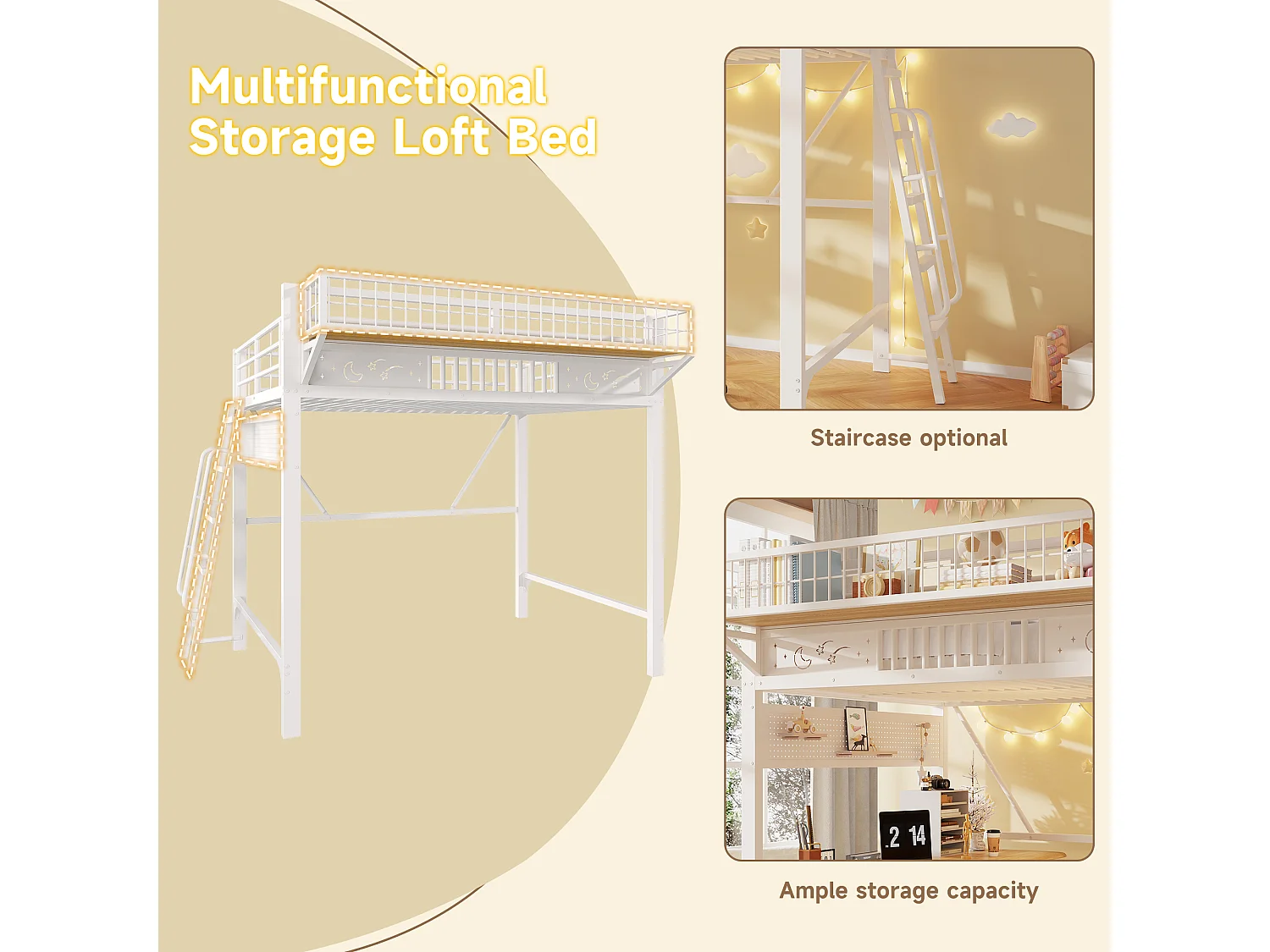 Lit mezzanine 2 personnes 140x200cm - Lit haut double avec étagères de rangement, espace ouvert en bas, métal blanc