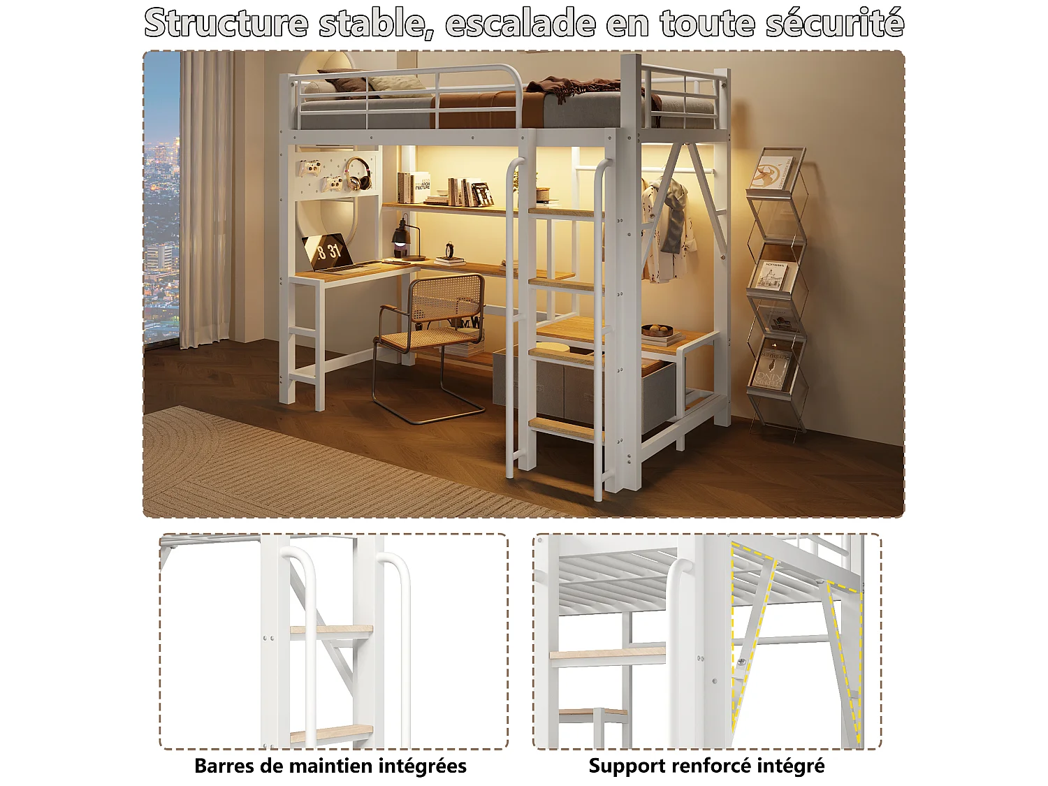Lit mezzanine enfant 90x200cm avec bureau et prises USB - panneau perforé, tiroirs en tissu, étagères, penderie et LED, métal blanc