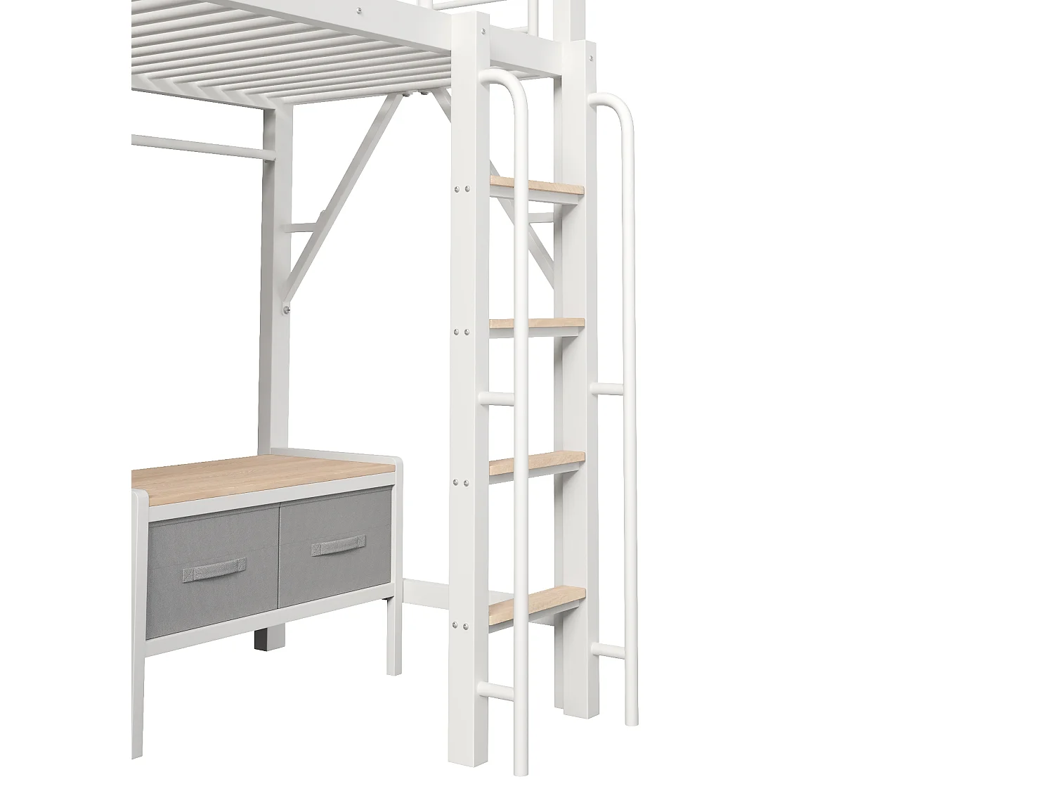 Lit mezzanine enfant 90x200cm avec bureau et prises USB - panneau perforé, tiroirs en tissu, étagères, penderie et LED, métal blanc