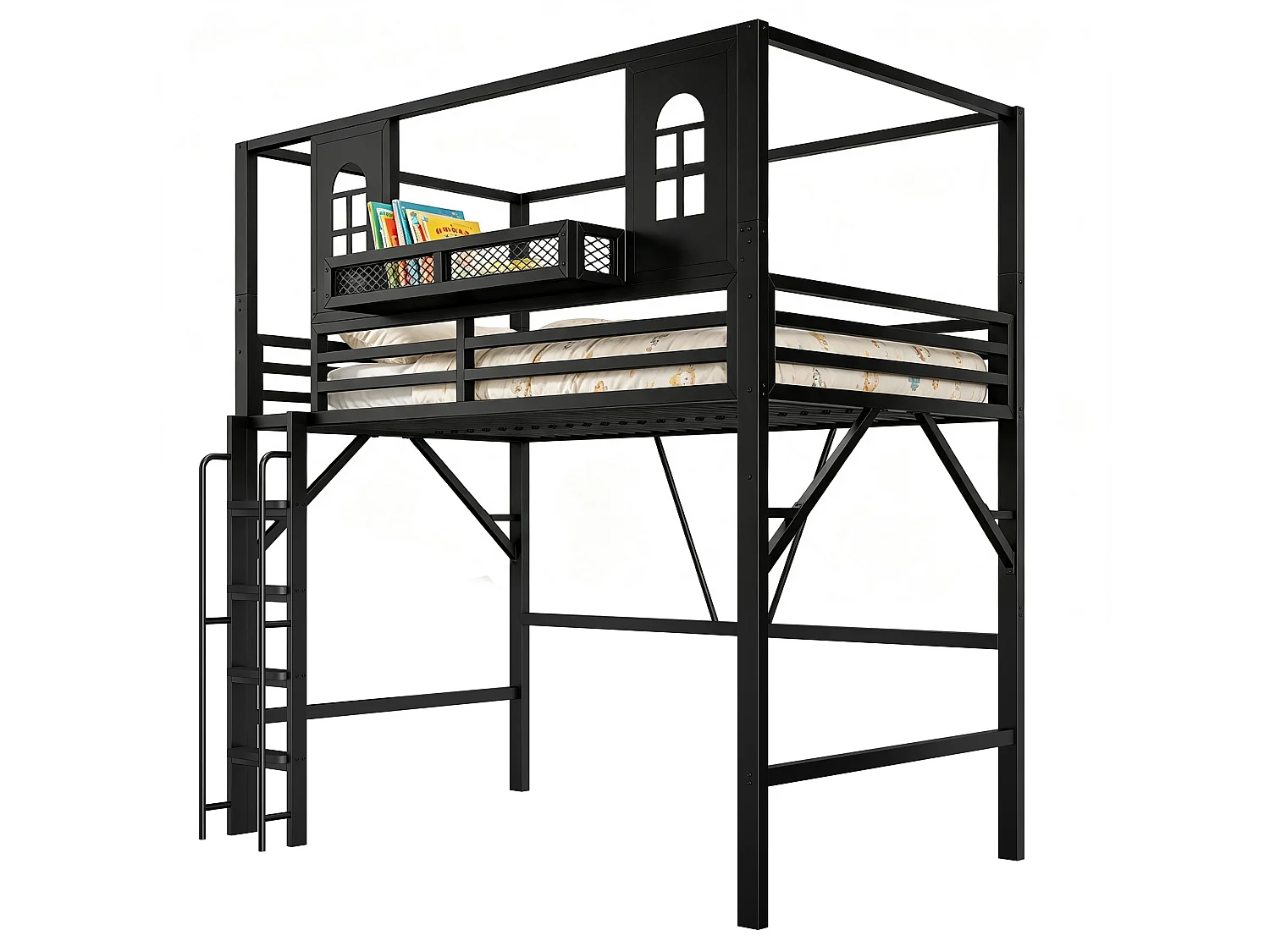 Lit mezzanine enfant 90 x 200 cm en métal, toit cabane avec fenêtres, échelle sécurisée, rangement, noir