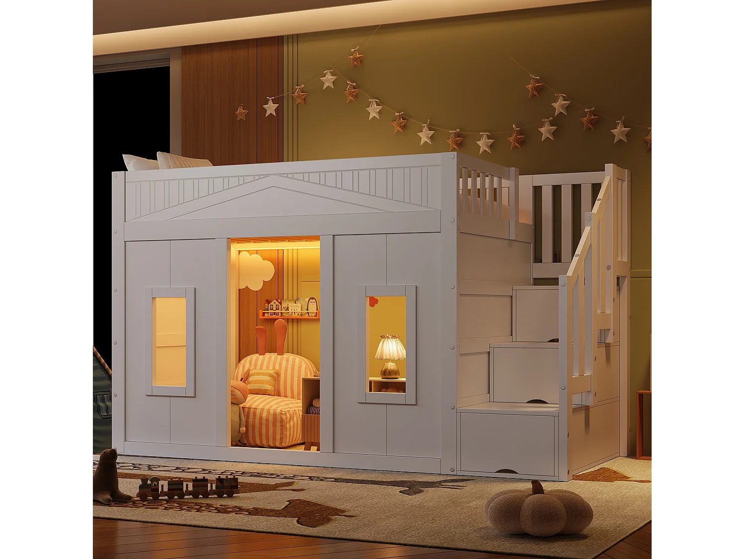 Lit mezzanine enfant 90x200cm escalier avec rangement, meuble gain de place, design moderne et fonctionnel, blanc