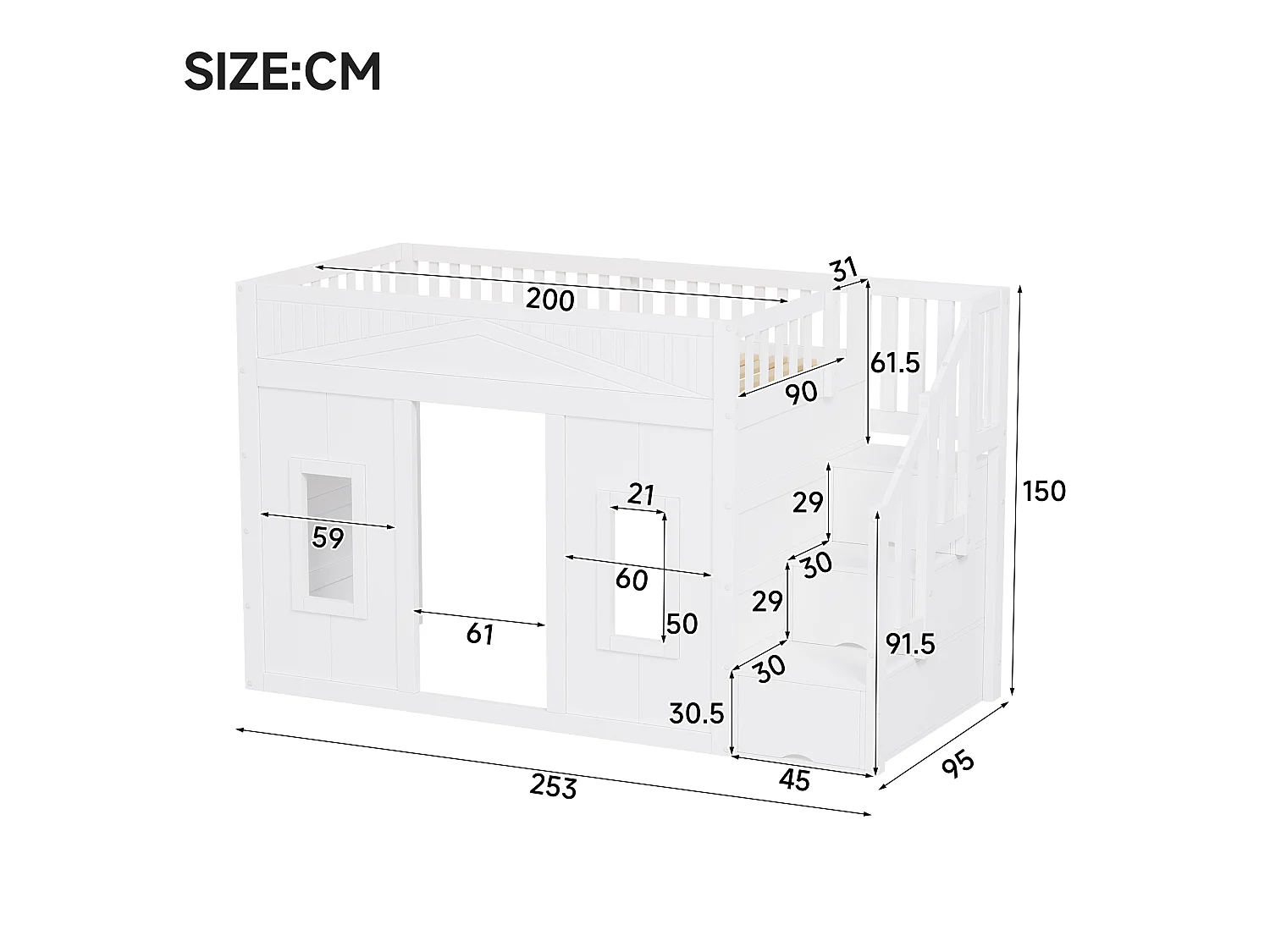 Lit mezzanine enfant 90x200cm escalier avec rangement, meuble gain de place, design moderne et fonctionnel, blanc