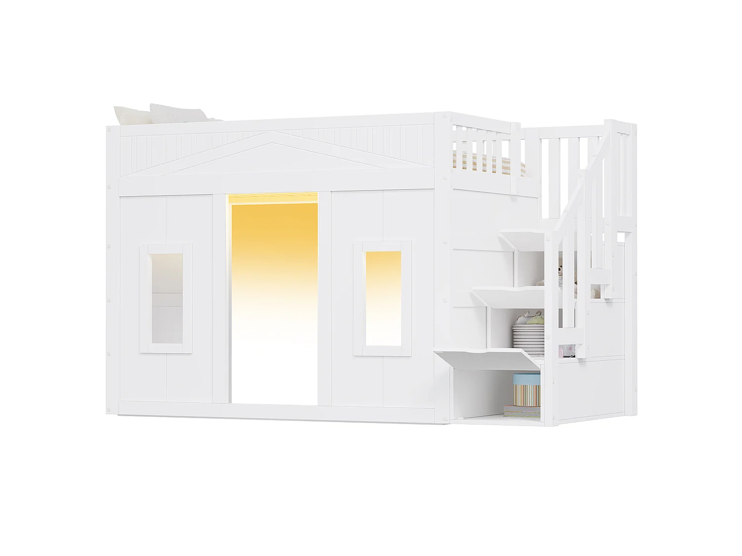 Lit mezzanine enfant 90x200cm escalier avec rangement, meuble gain de place, design moderne et fonctionnel, blanc
