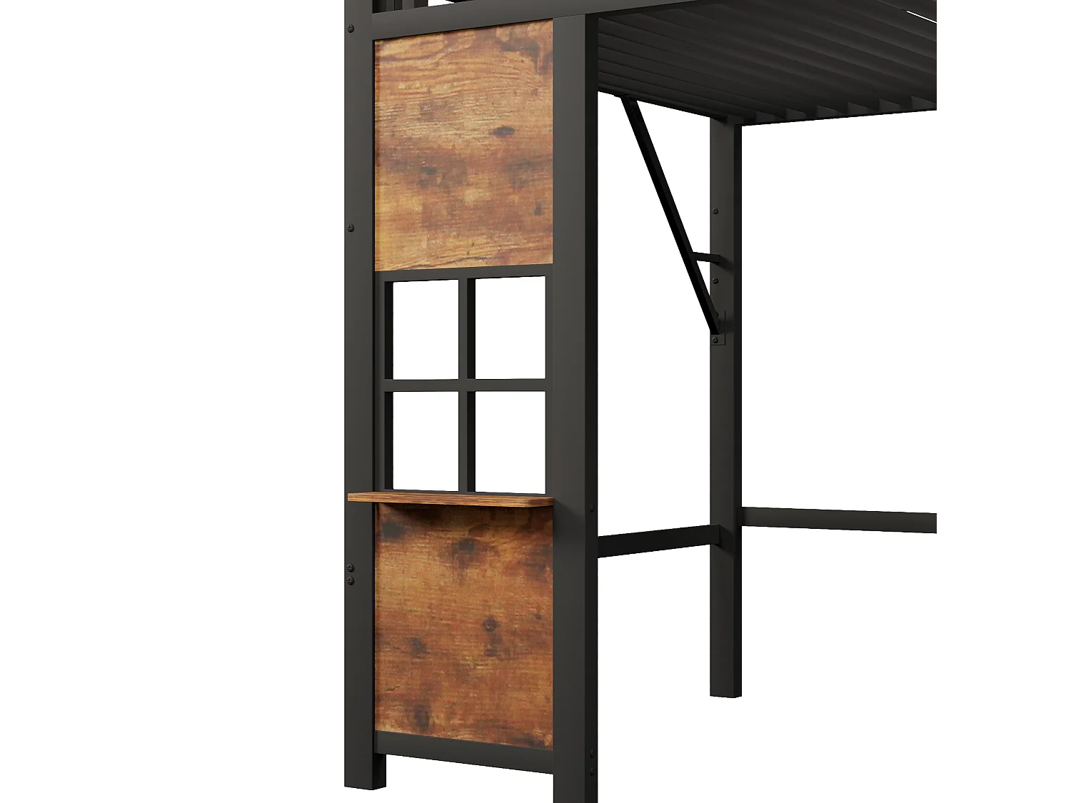 Lit mezzanine enfant 140x200cm avec échelle de rangement et fenêtre avec espace sous le lit, barrière, métal noir