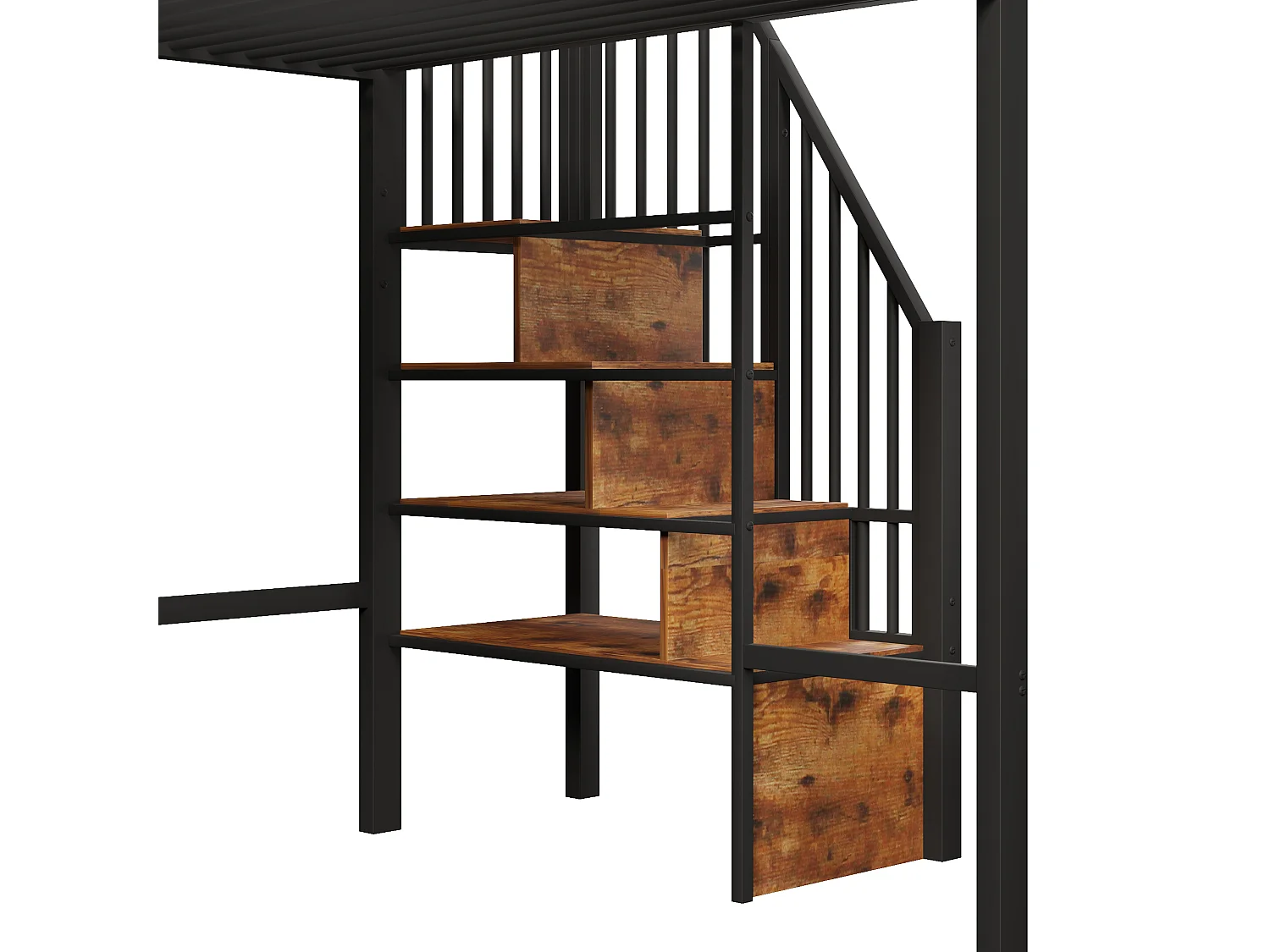 Lit mezzanine enfant 140x200cm avec échelle de rangement et fenêtre avec espace sous le lit, barrière, métal noir