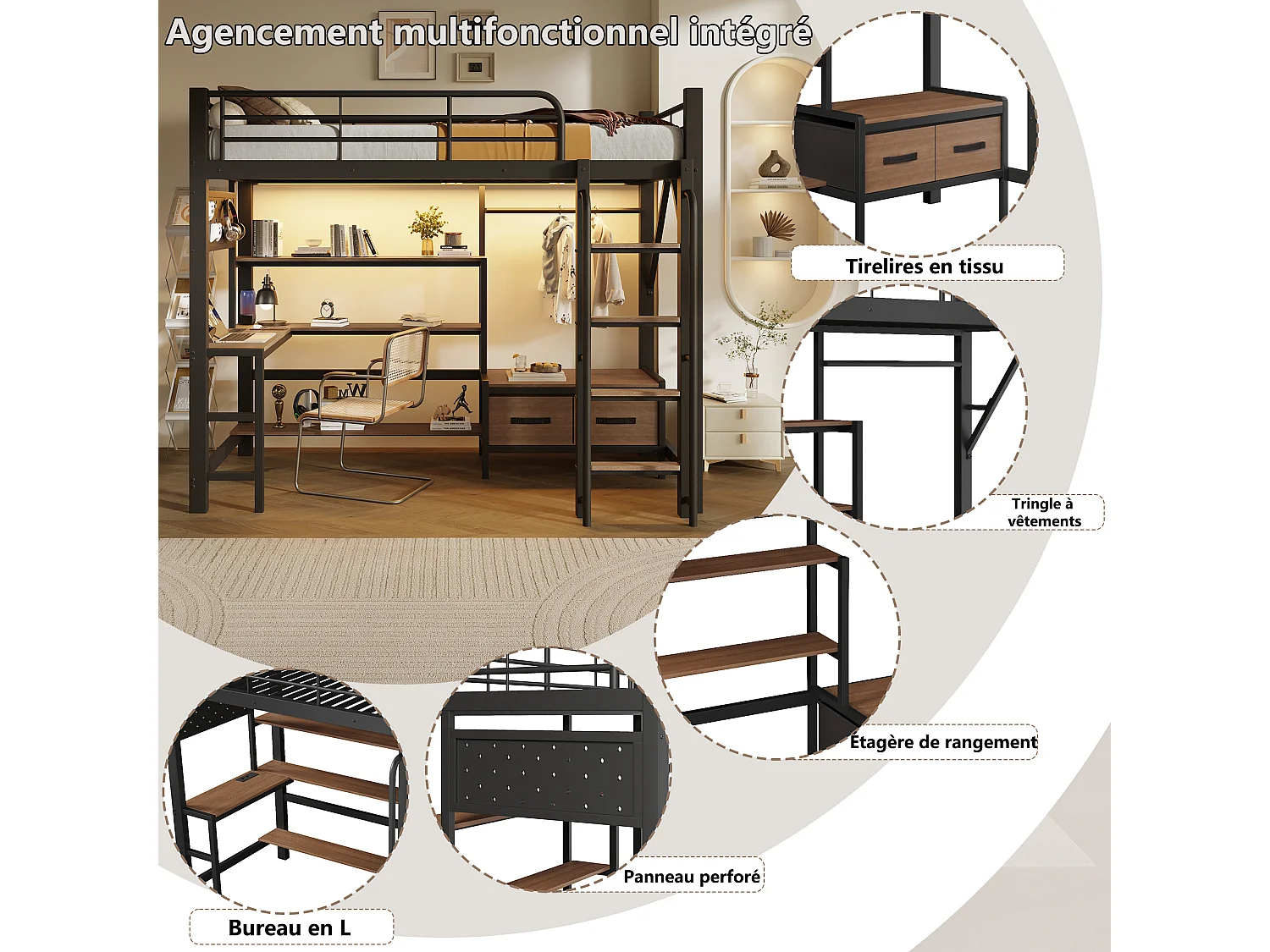 Lit mezzanine métal 90x200 cm avec bureau, rangements, port USB, barre penderie, LED et garde-corps, noir