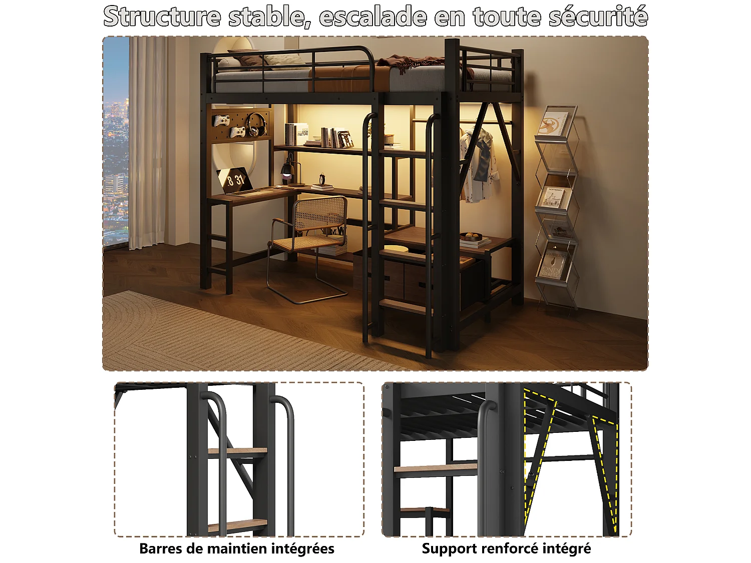 Lit mezzanine métal 90x200 cm avec bureau, rangements, port USB, barre penderie, LED et garde-corps, noir