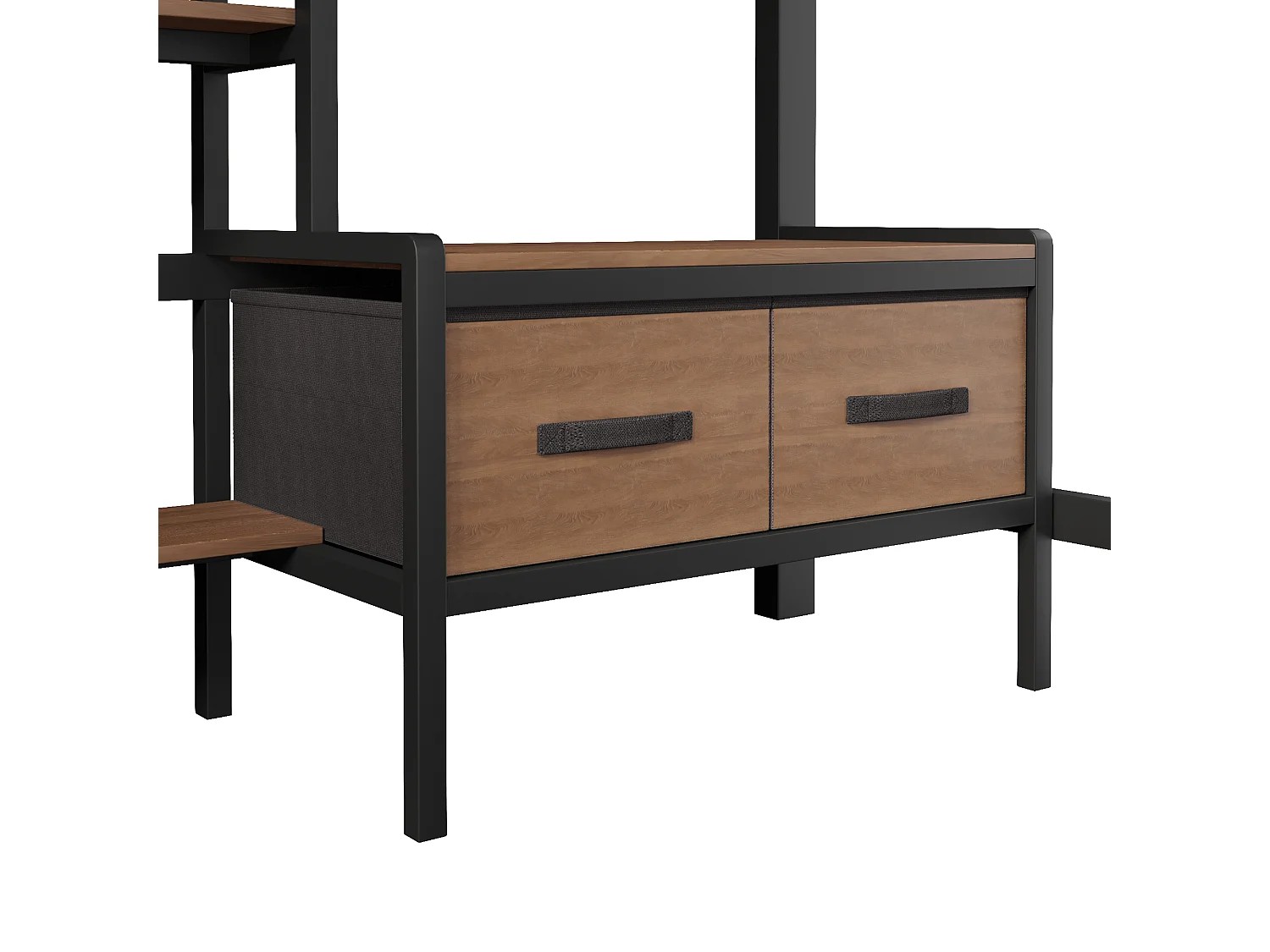 Lit mezzanine métal 90x200 cm avec bureau, rangements, port USB, barre penderie, LED et garde-corps, noir