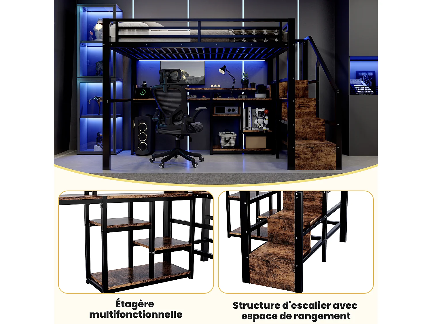 Lit mezzanine 2 personnes 140x200cm avec escalier rangement, prises USB/Type-C, étagère et LED, métal noir