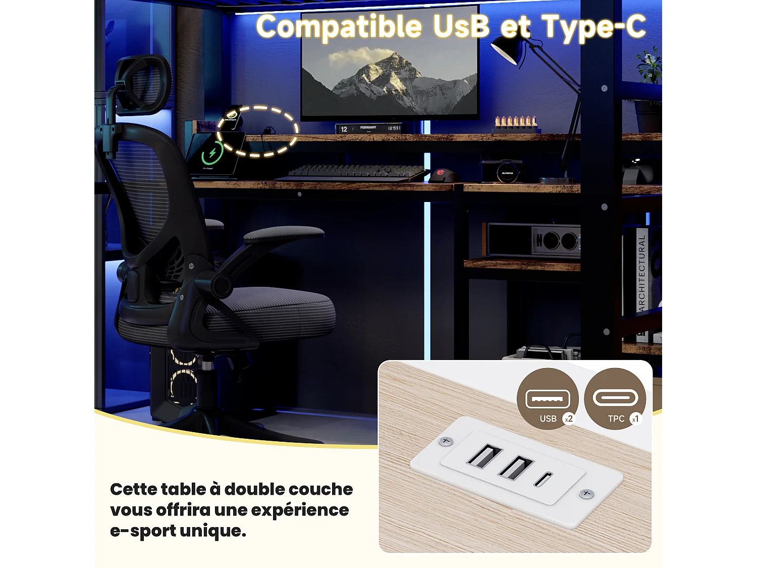 Lit mezzanine 2 personnes 140x200cm avec escalier rangement, prises USB/Type-C, étagère et LED, métal noir