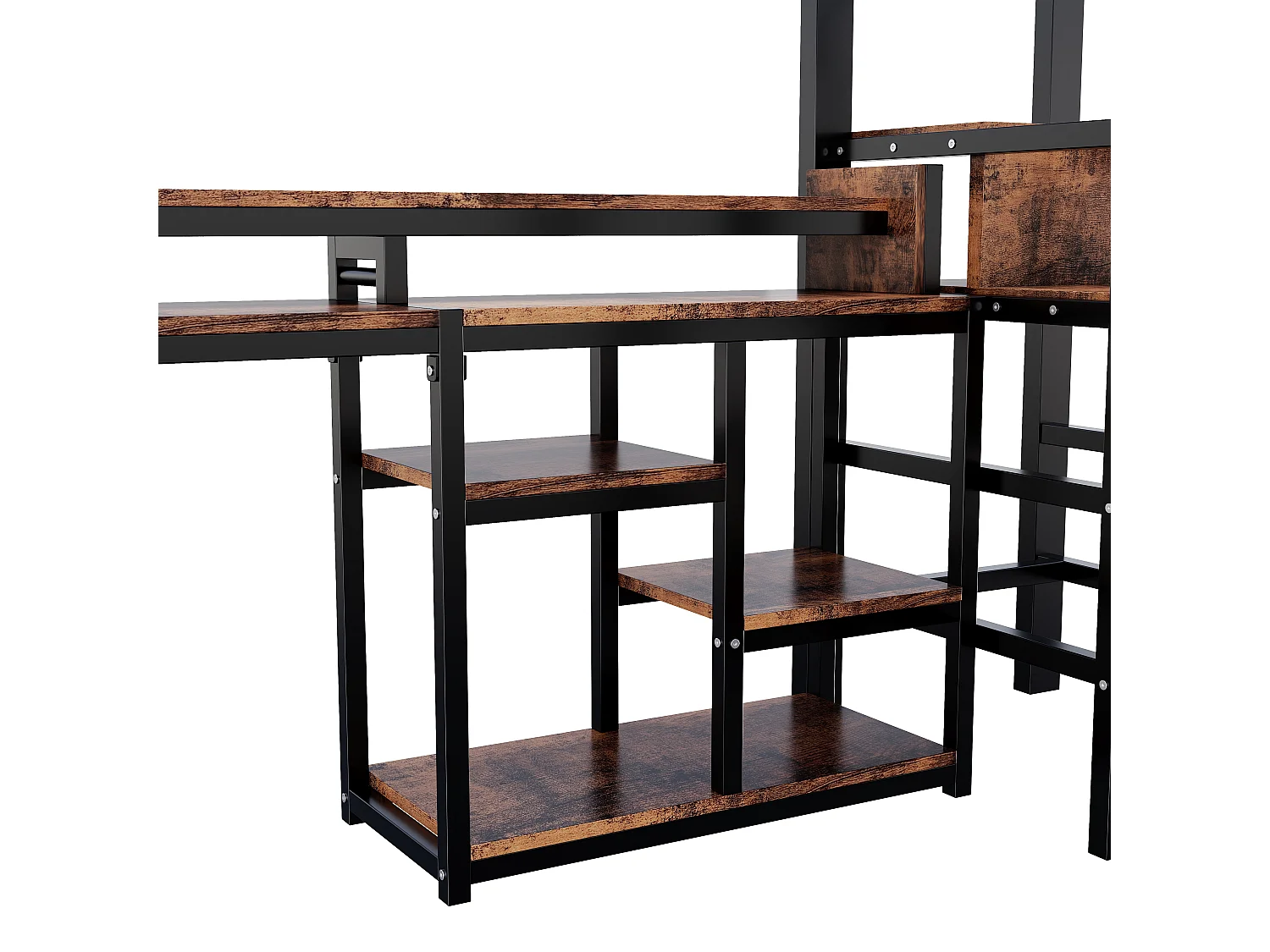 Lit mezzanine 2 personnes 140x200cm avec escalier rangement, prises USB/Type-C, étagère et LED, métal noir