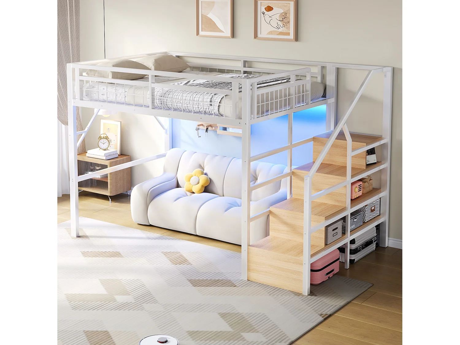 Lit mezzanine 140x200 cm avec escalier de rangement - avec bande LED et espace modulable dessous - métal blanc