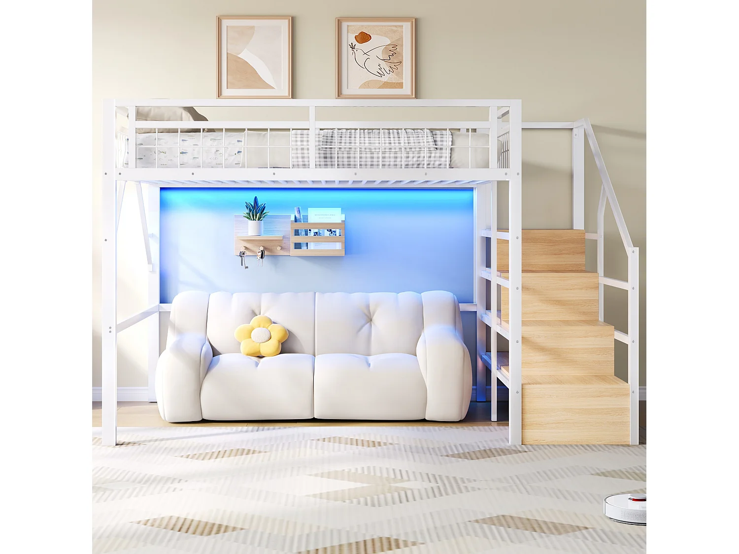 Lit mezzanine 140x200 cm avec escalier de rangement - avec bande LED et espace modulable dessous - métal blanc