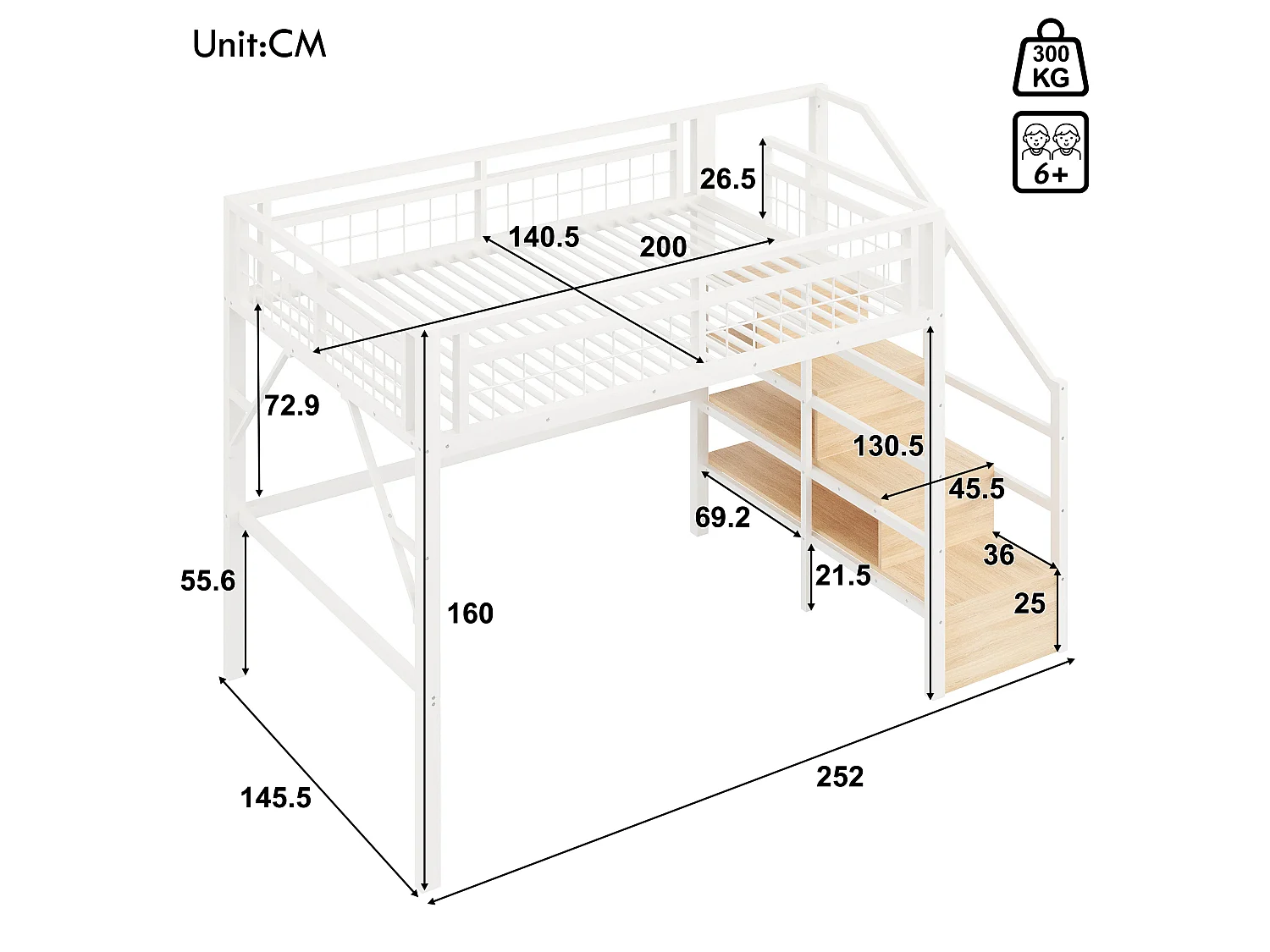 Lit mezzanine 140x200 cm avec escalier de rangement - avec bande LED et espace modulable dessous - métal blanc