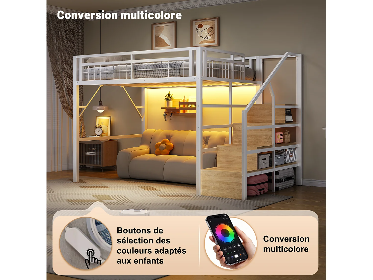 Lit mezzanine 140x200 cm avec escalier de rangement - avec bande LED et espace modulable dessous - métal blanc